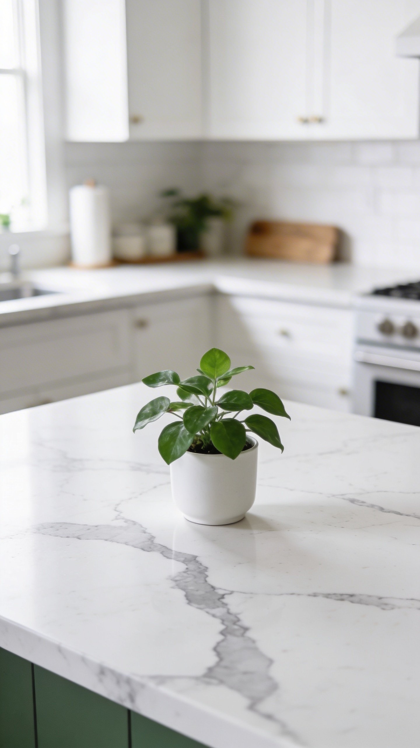 Minimalist white marble kitchen counter with single plant