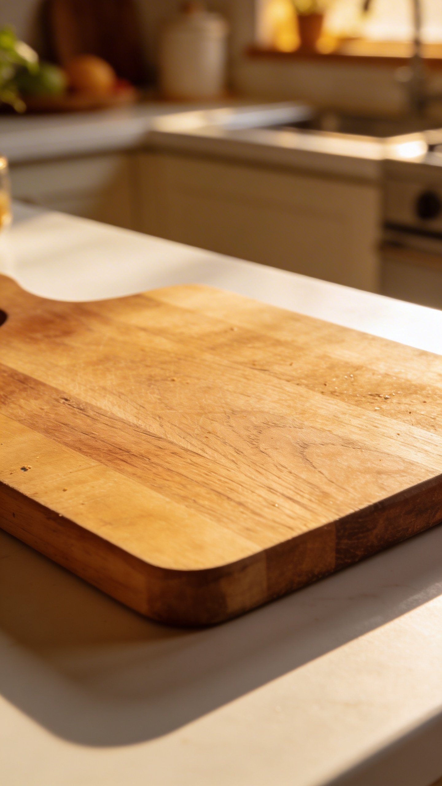 Closeup of wooden cutting board on clean countertop