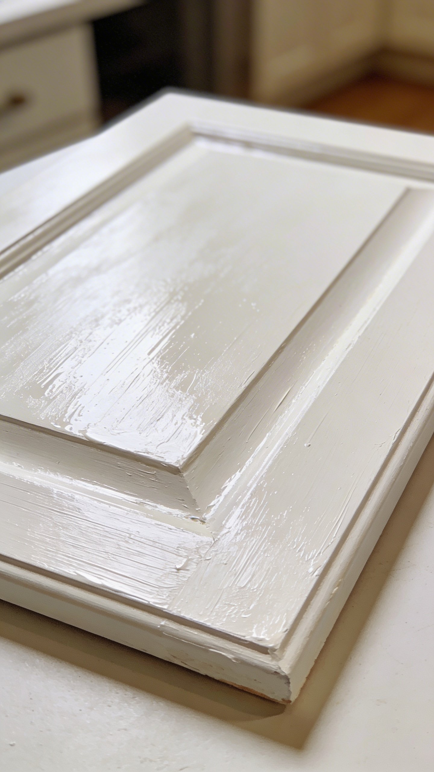 Closeup of white painted kitchen cabinet door drying