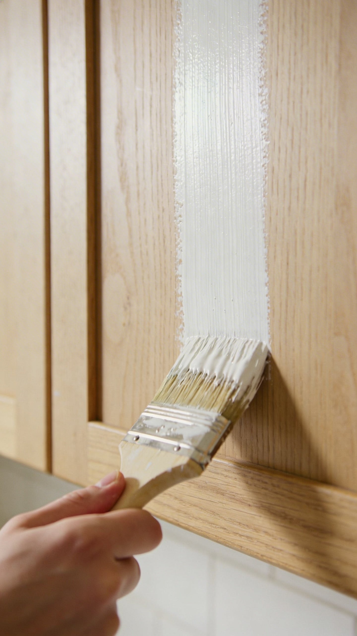 Hand holding paintbrush applying white paint to cabinet