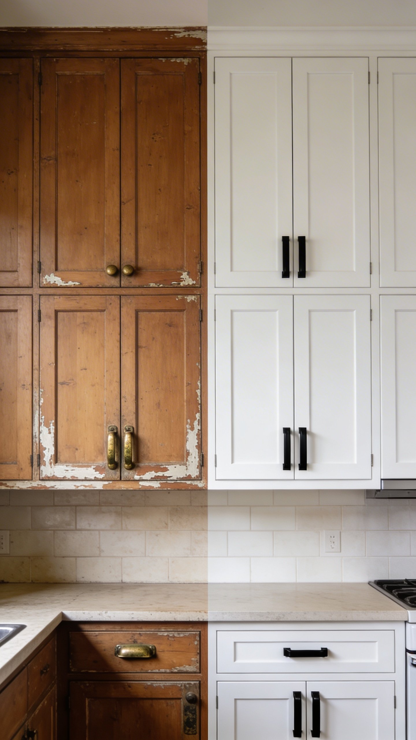 Before and after kitchen cabinet comparison shot