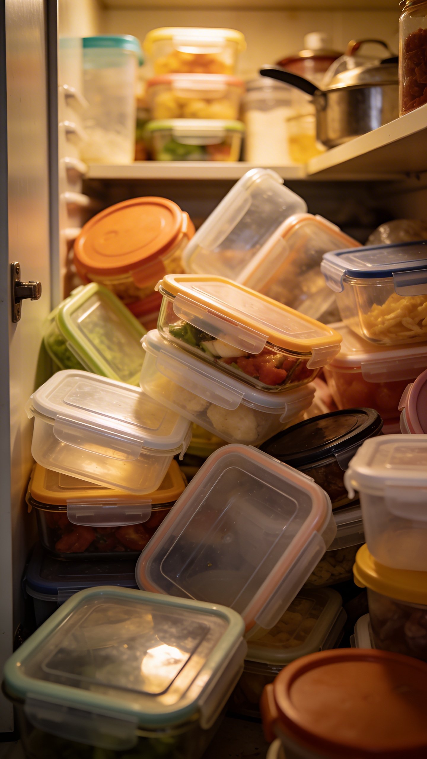 Closeup of messy kitchen cabinet with Tupperware avalanche