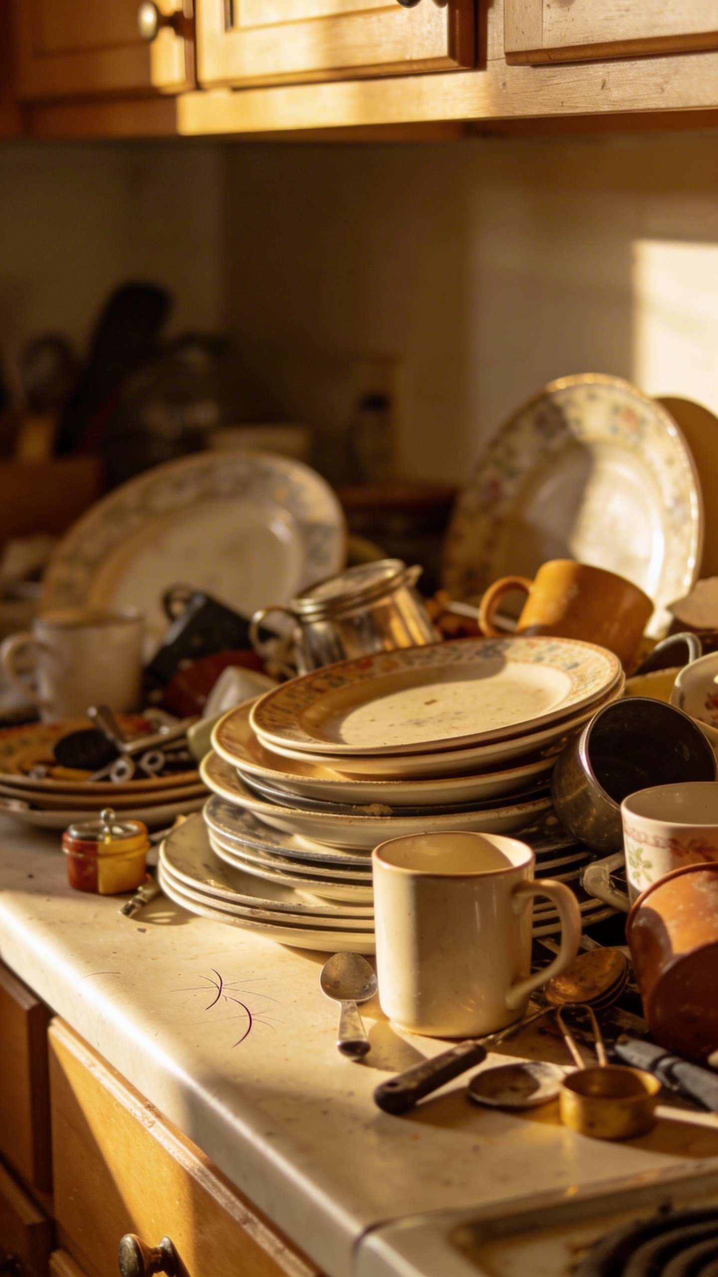 Kitchen counter covered with disorganized cabinet contents