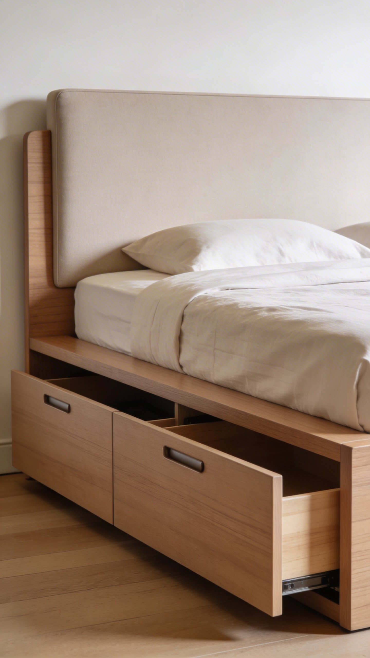 Closeup of modern queen bed with storage drawers underneath