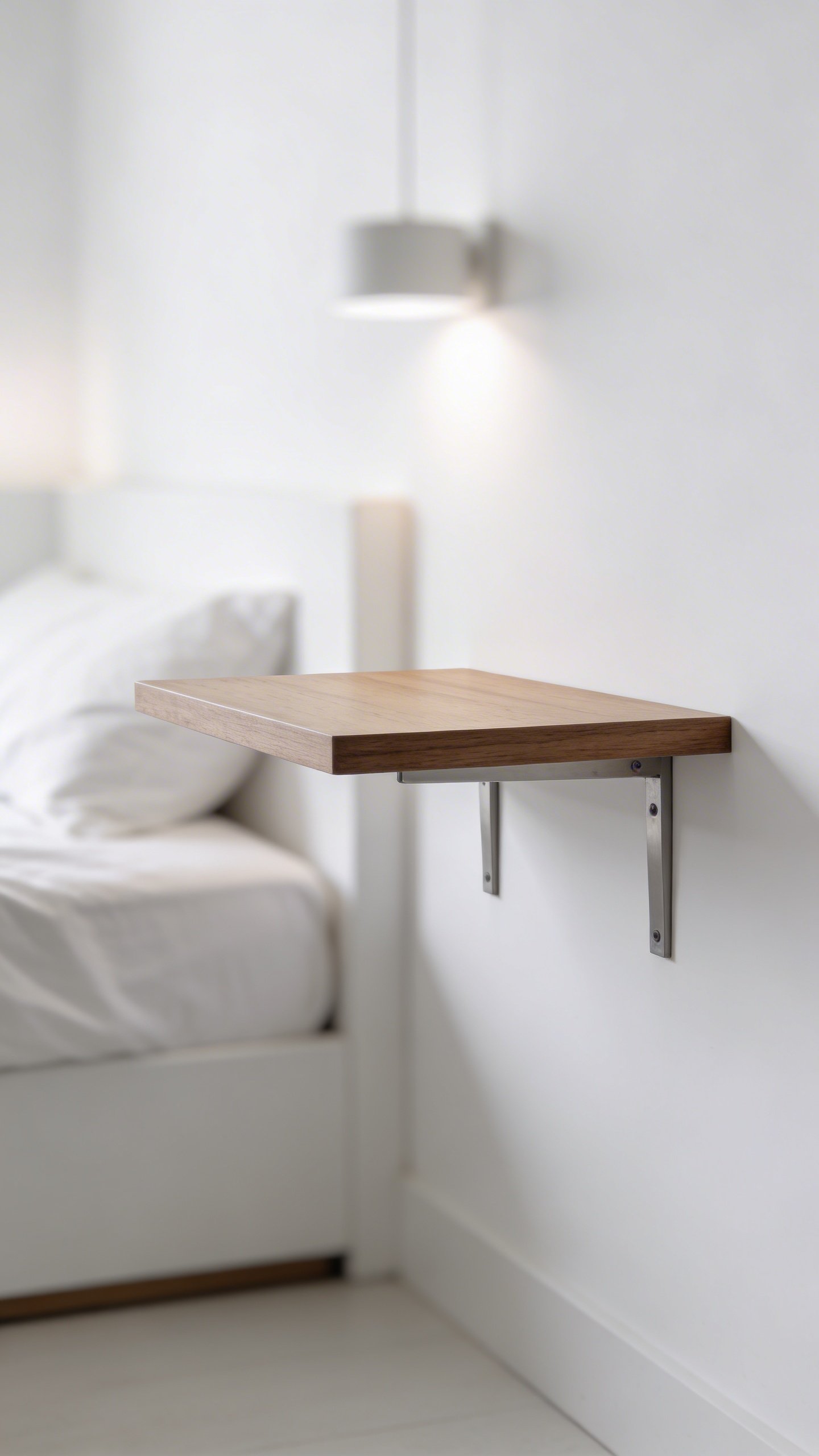 Single floating nightstand mounted on white bedroom wall