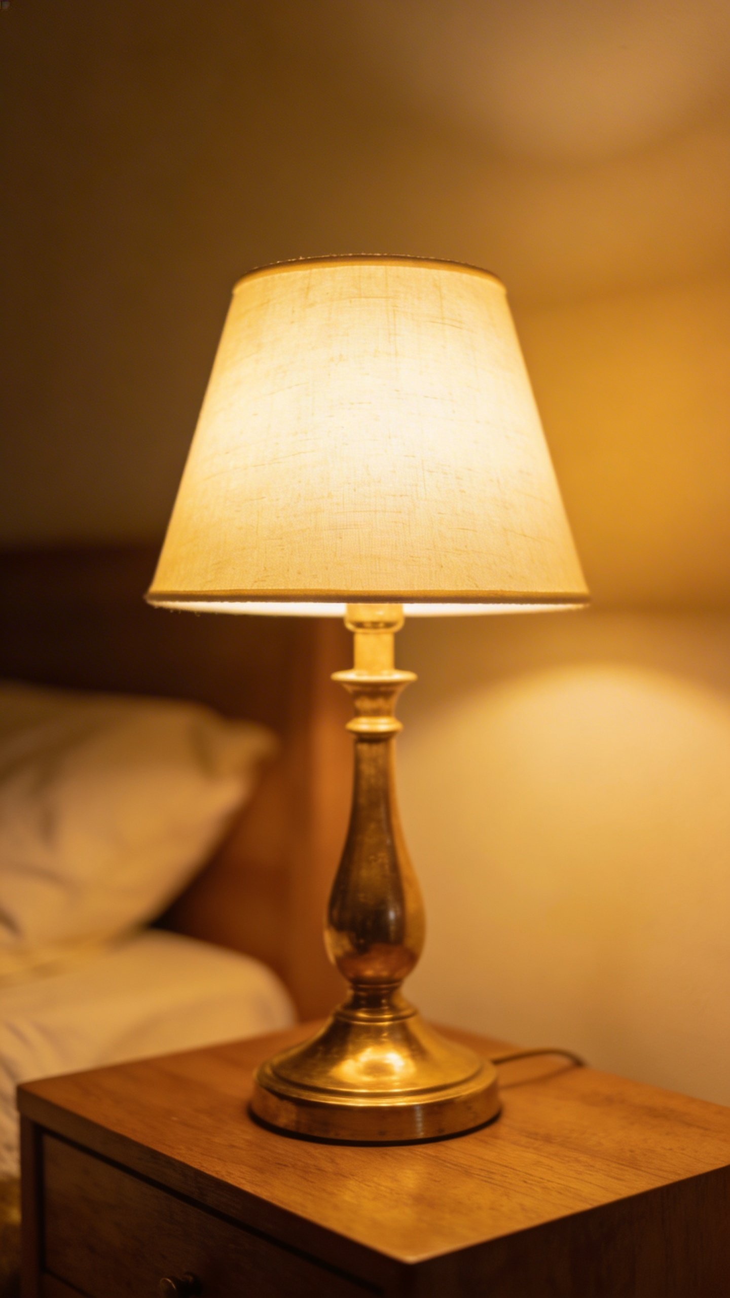 Warm bedside table lamp glowing on nightstand
