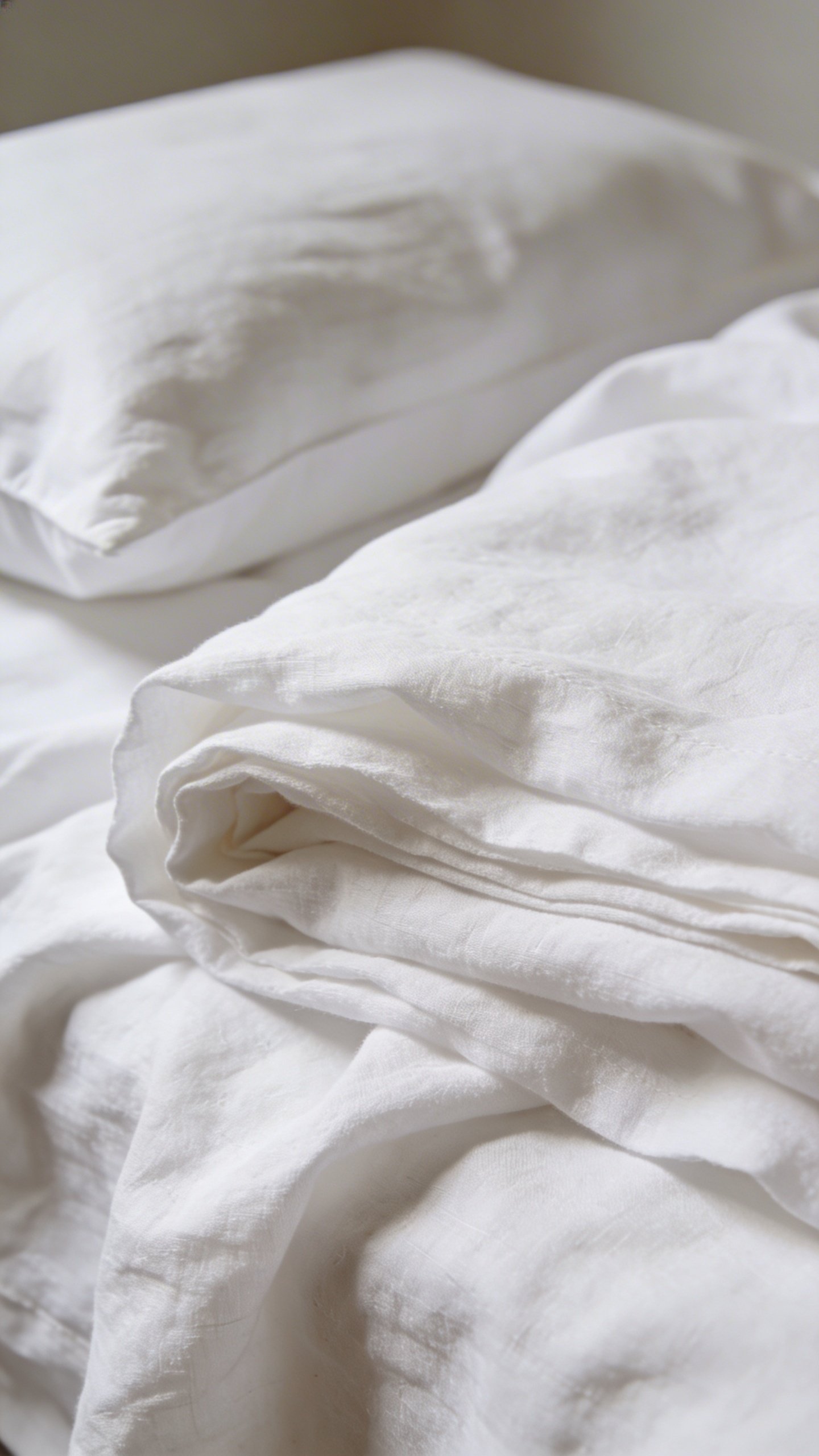 Closeup of layered white linen bedding with textures