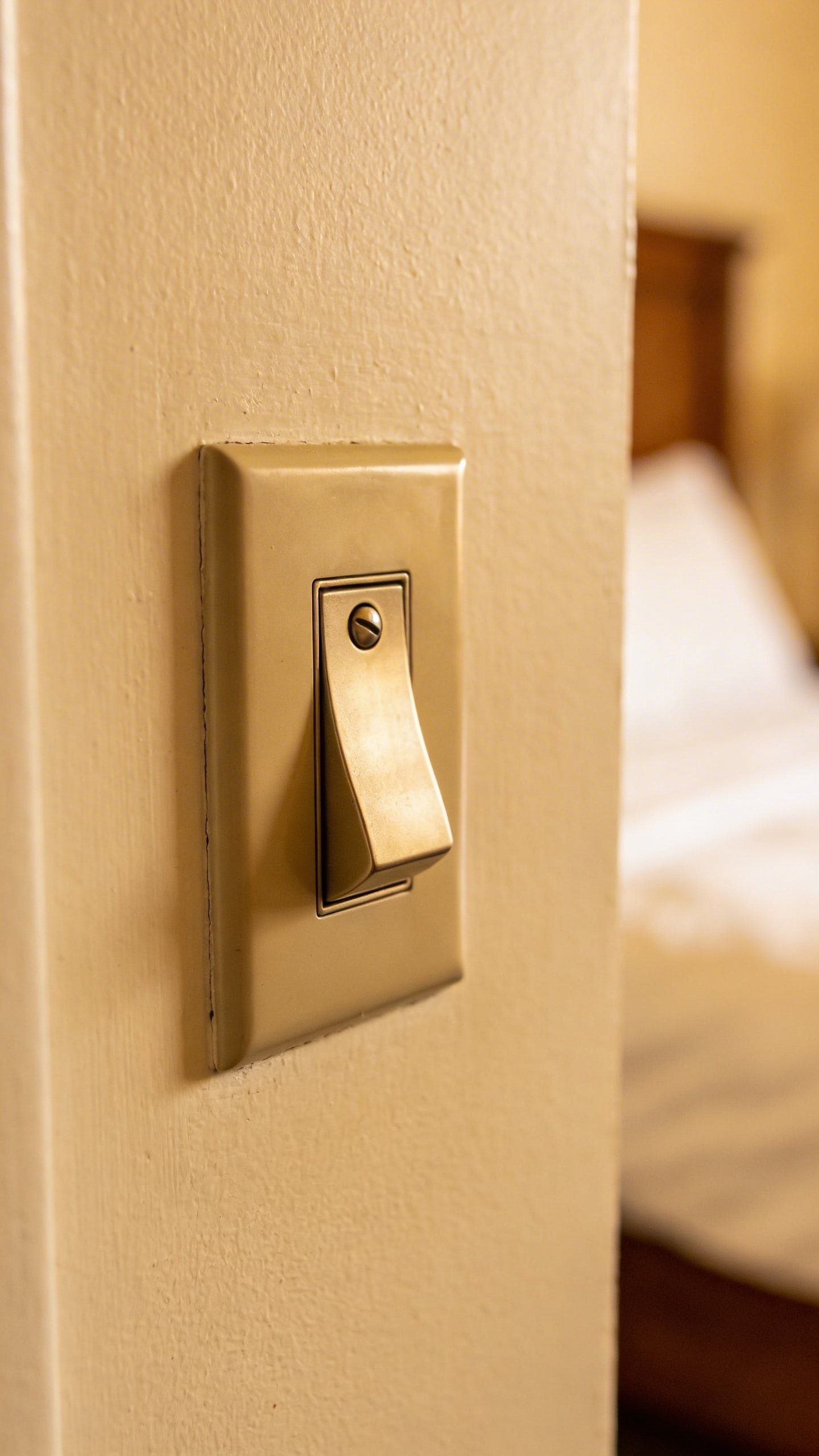 Dimmer light switch on bedroom wall closeup
