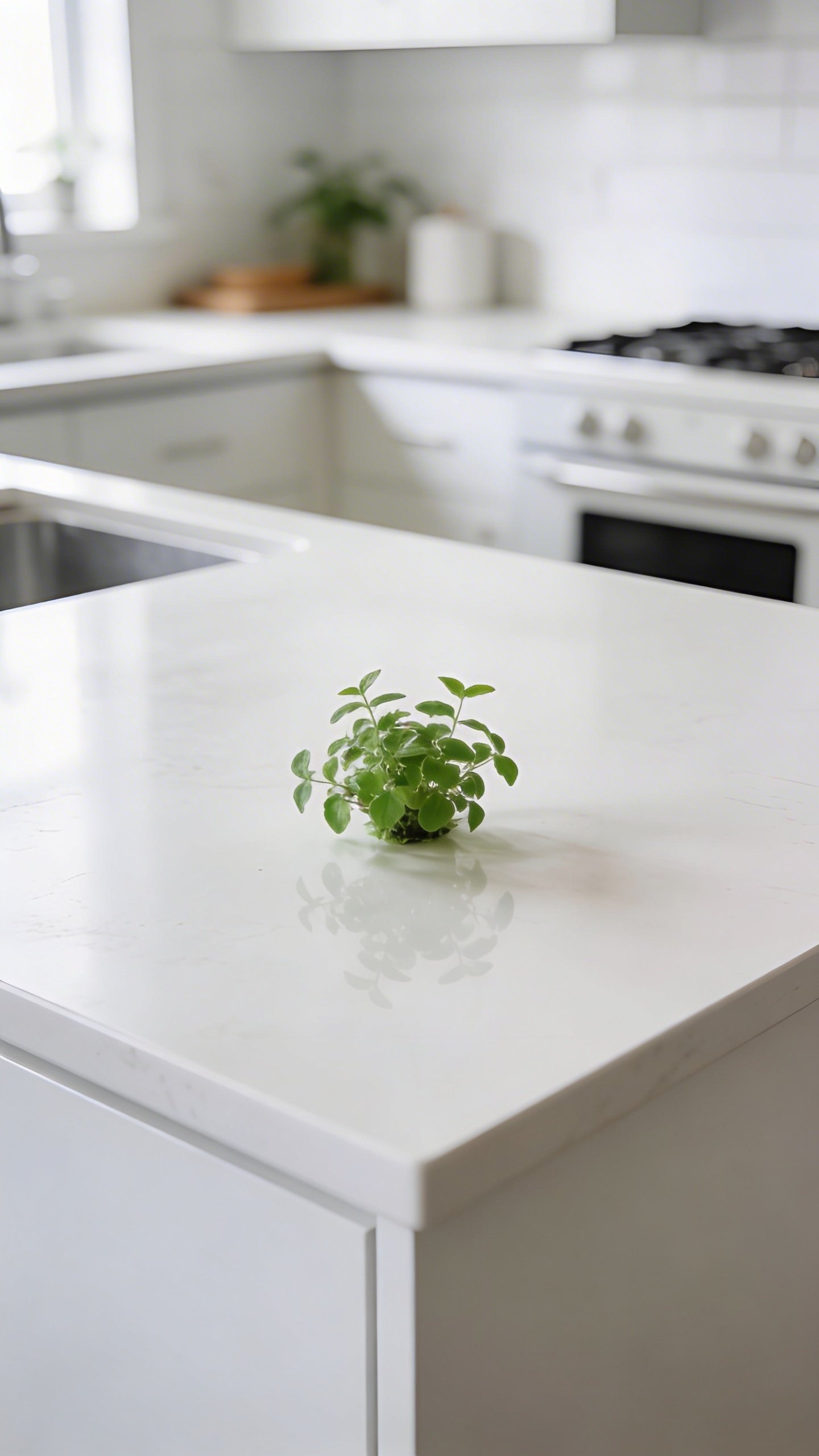 Clean white kitchen counter with single small plant