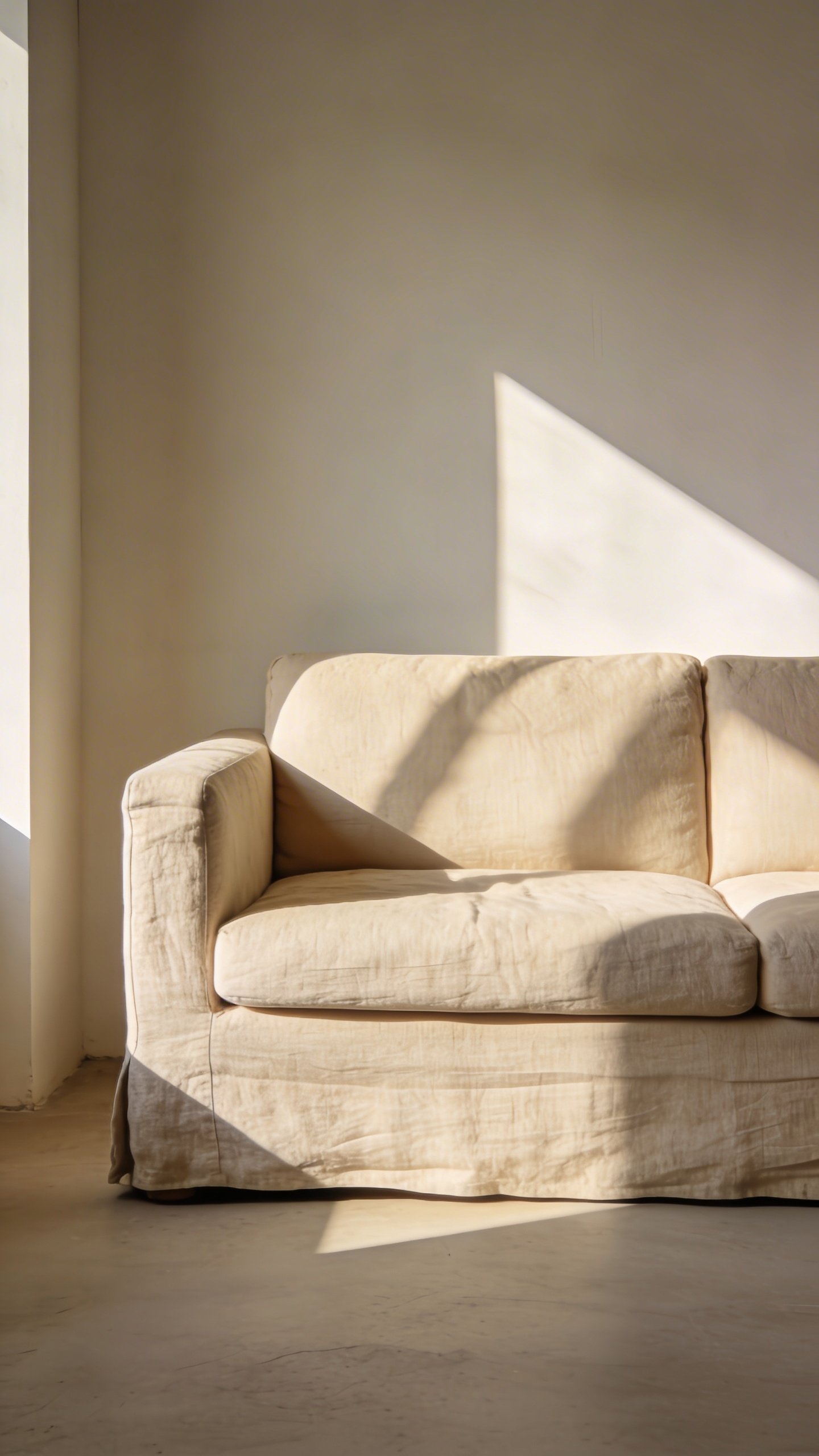 Minimalist beige linen sofa in natural sunlight