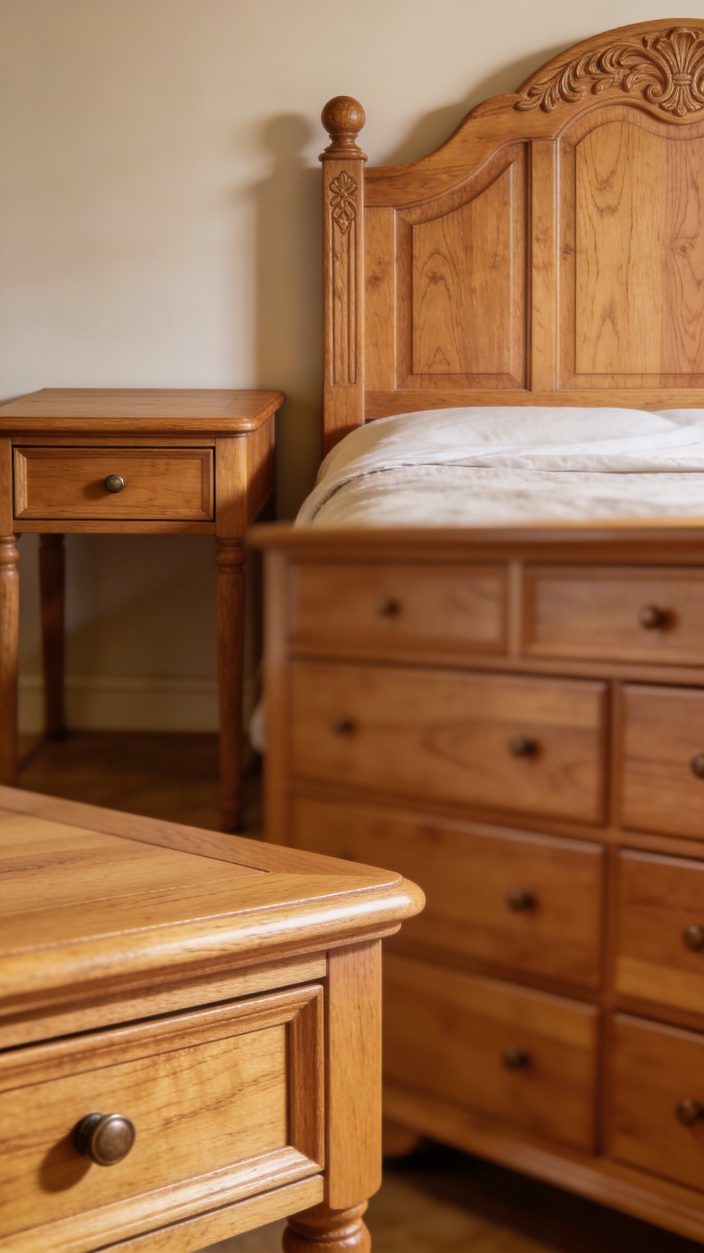Closeup of matching bedroom furniture set in oak
