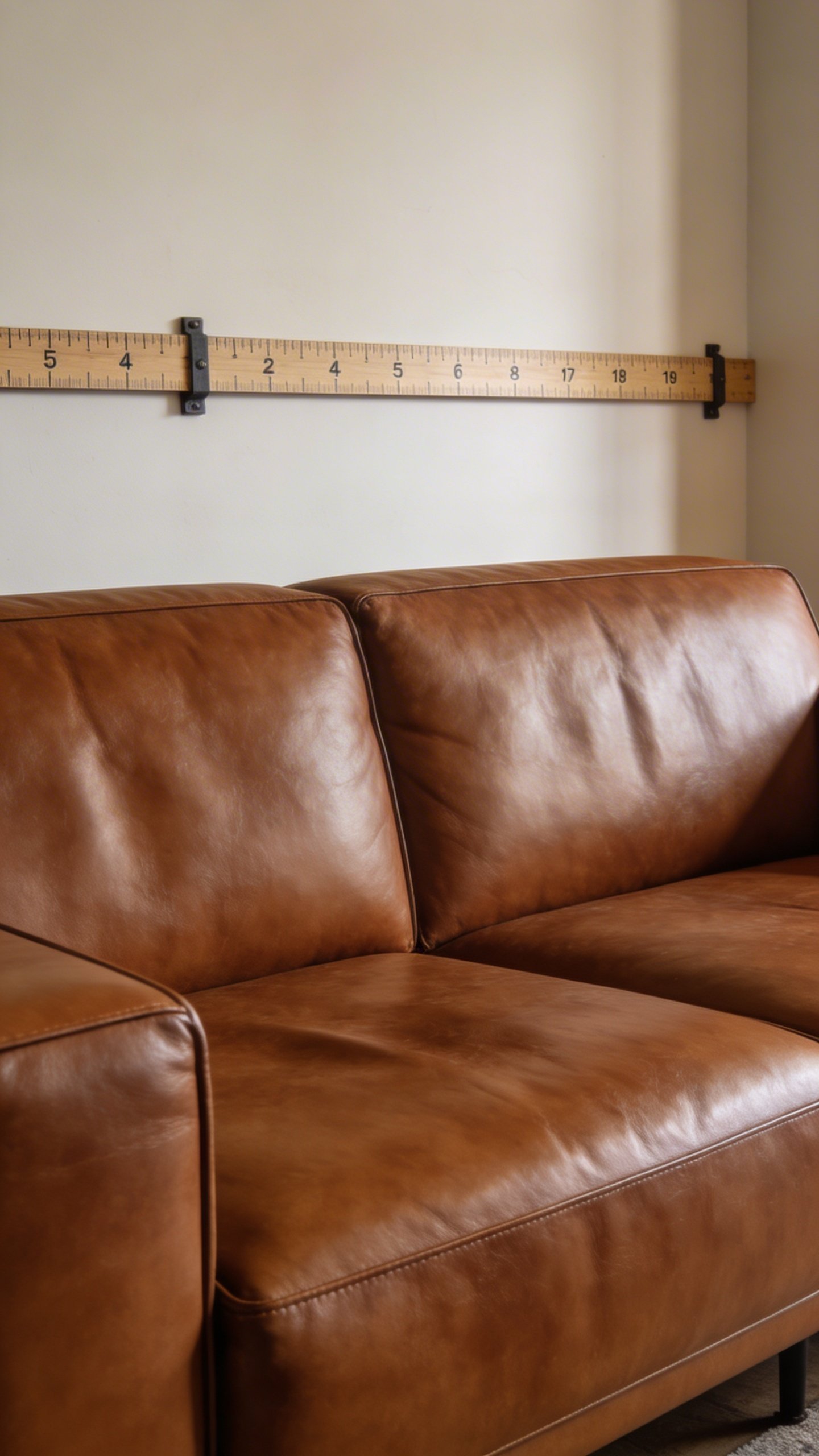 Large leather couch against measuring tape on wall