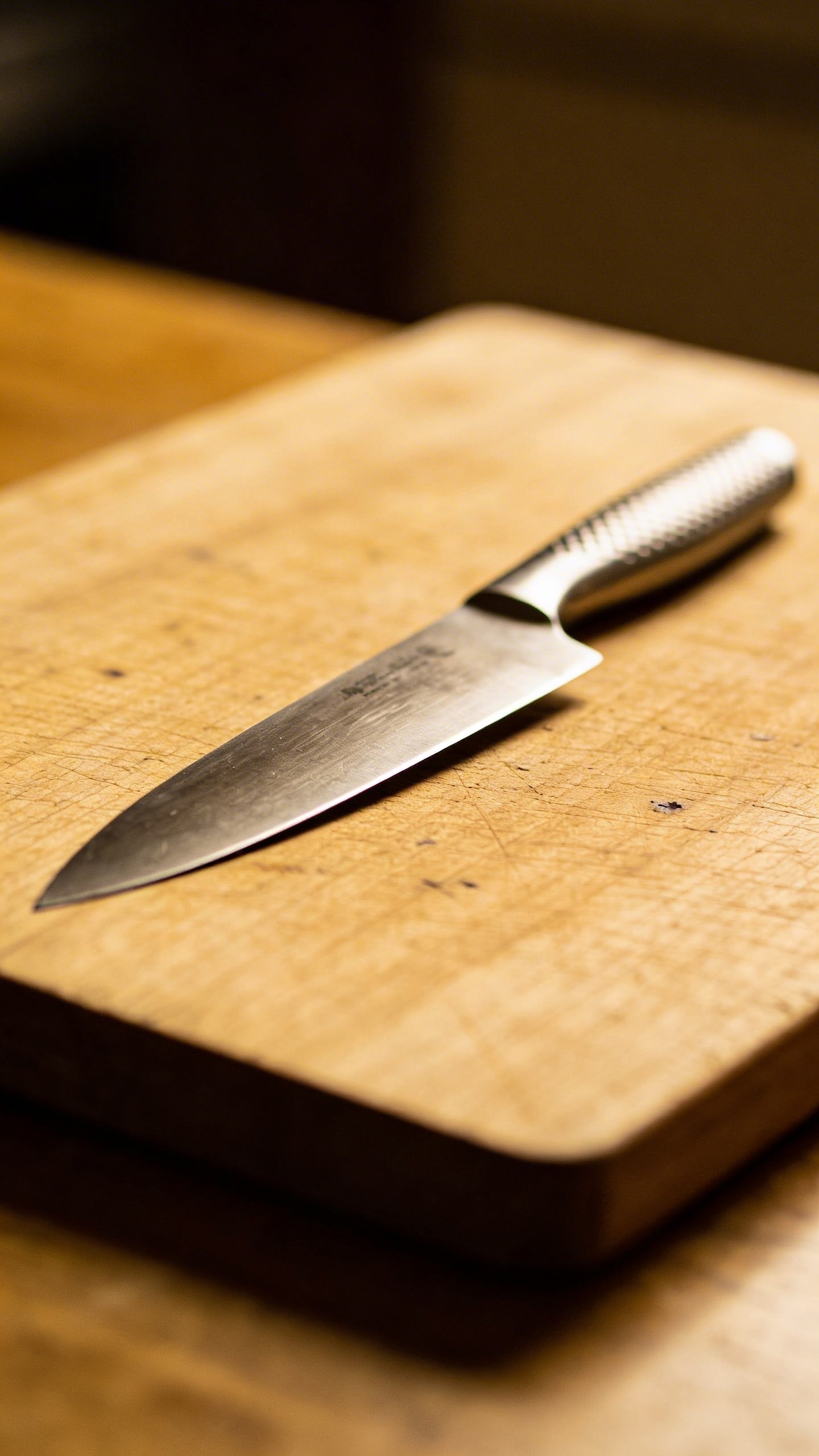 Professional chef's knife on wooden cutting board closeup