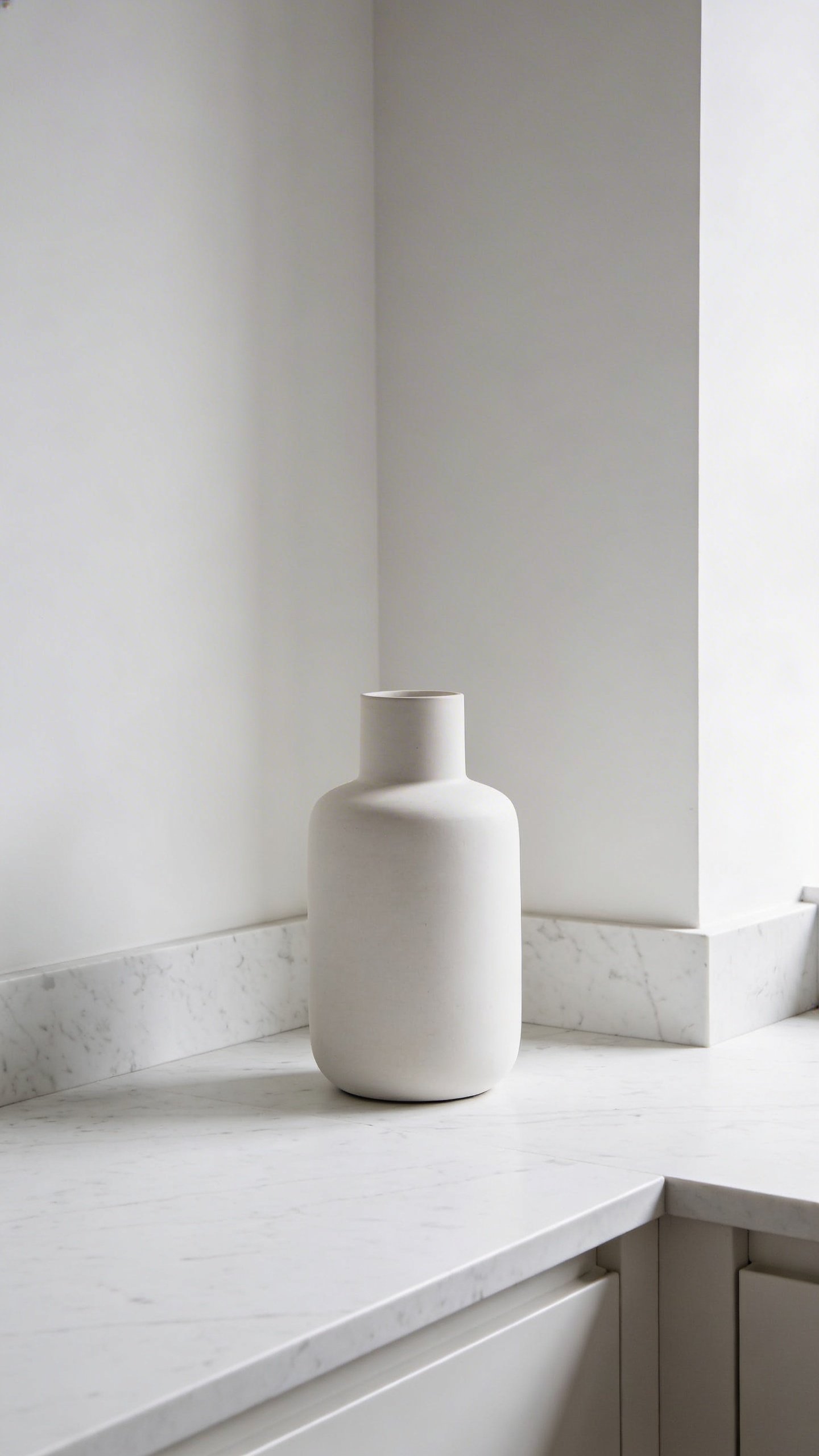 Minimalist white marble countertop with single decorative vase