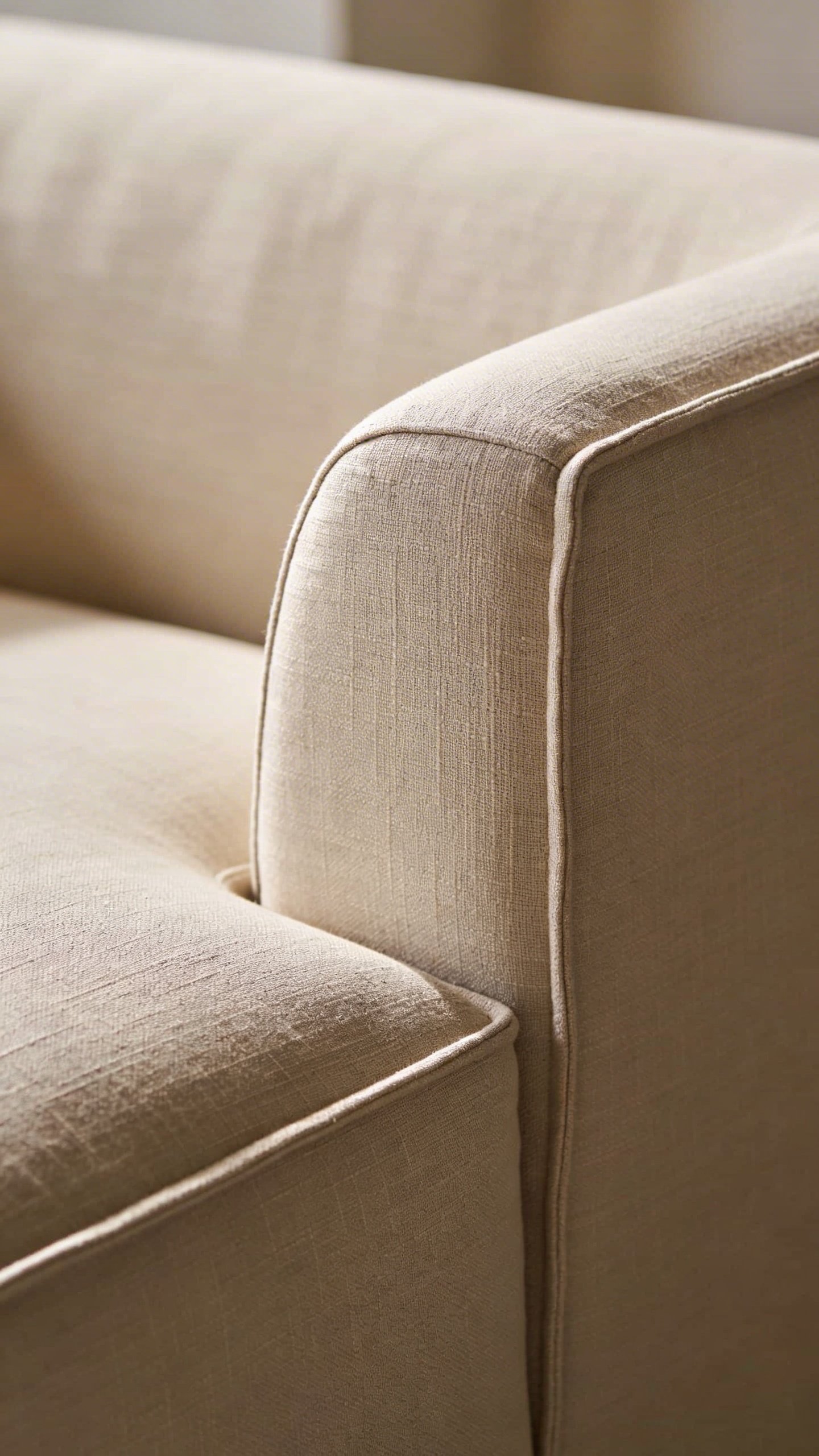 Closeup of modern beige linen sofa with clean lines