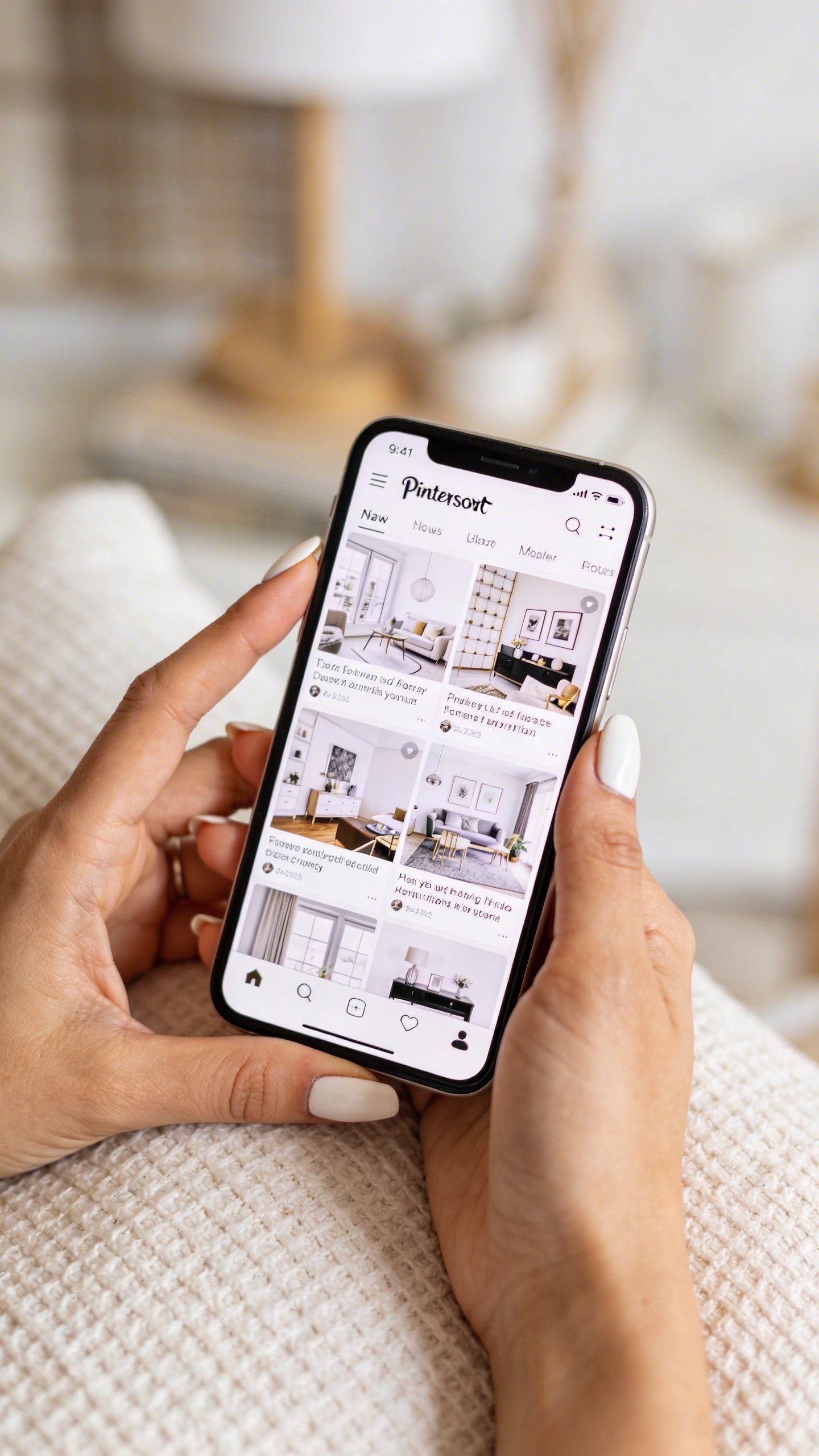 Woman's hands holding smartphone showing Pinterest home decor