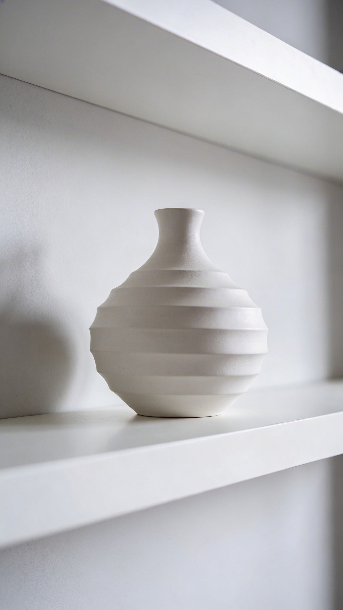 Clean white floating shelf with one ceramic vase