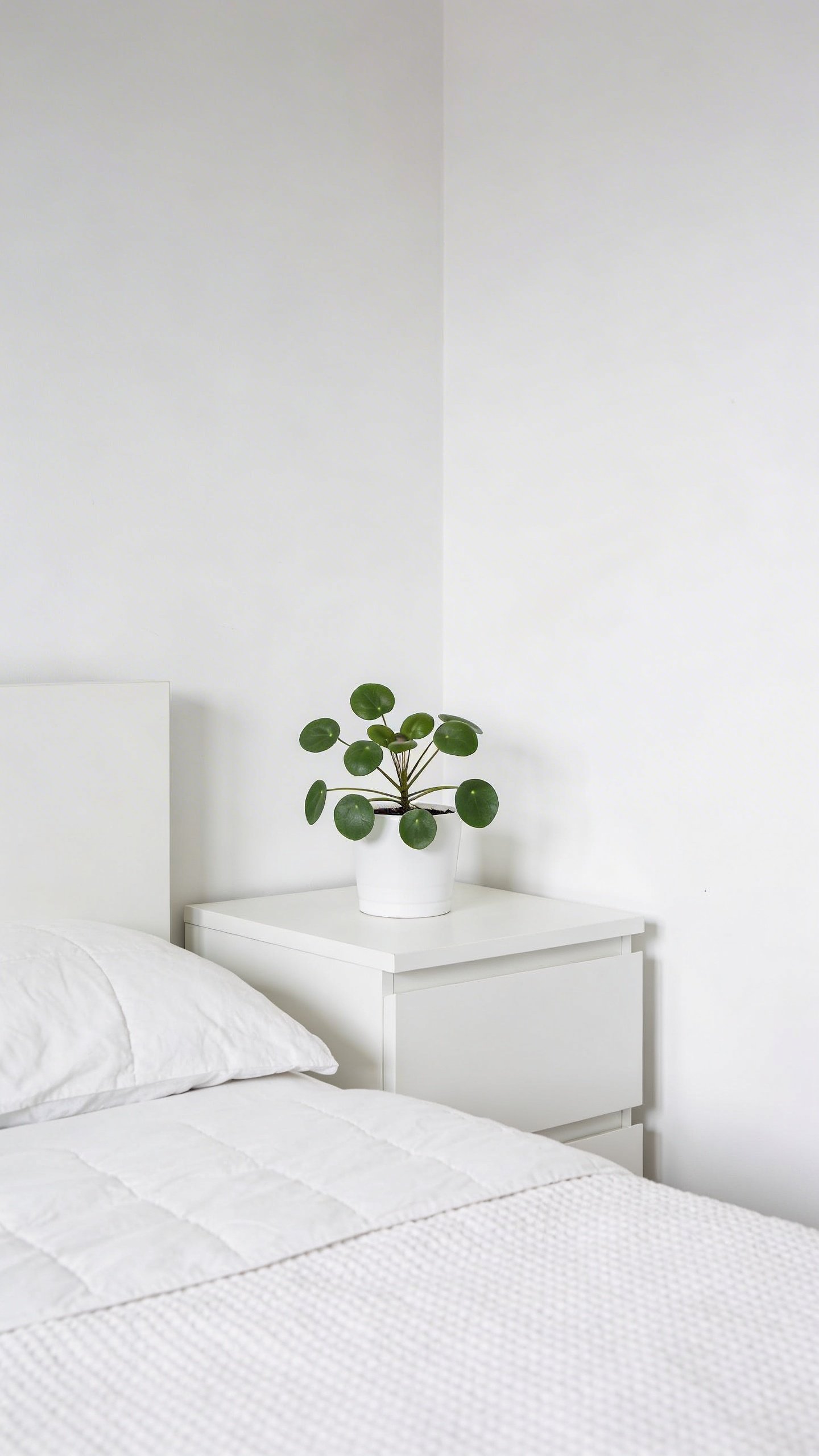 Minimalist white bedroom with single plant on nightstand