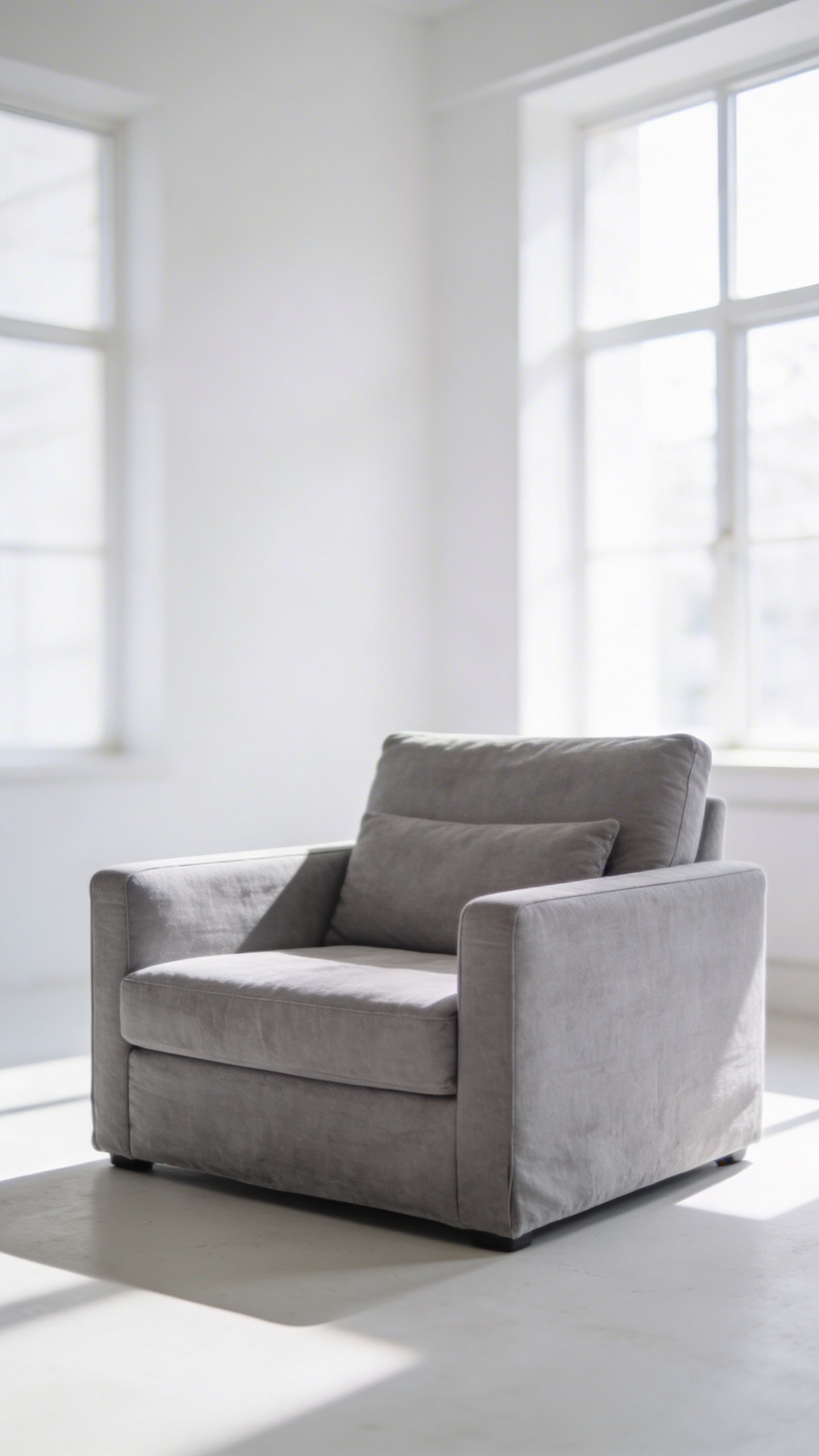 Single modern gray linen sofa in bright room