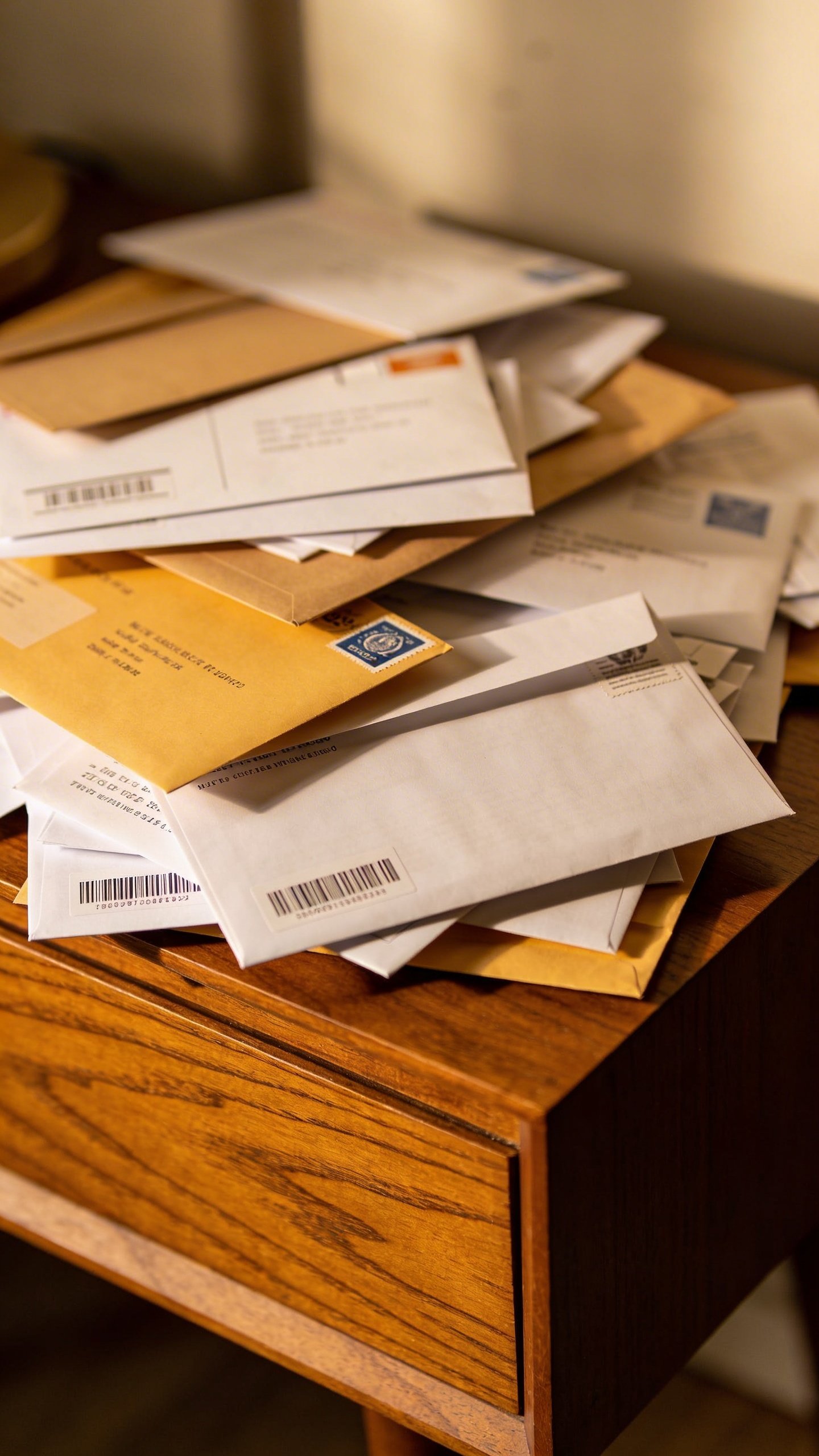 Closeup of scattered mail pile on wooden side table