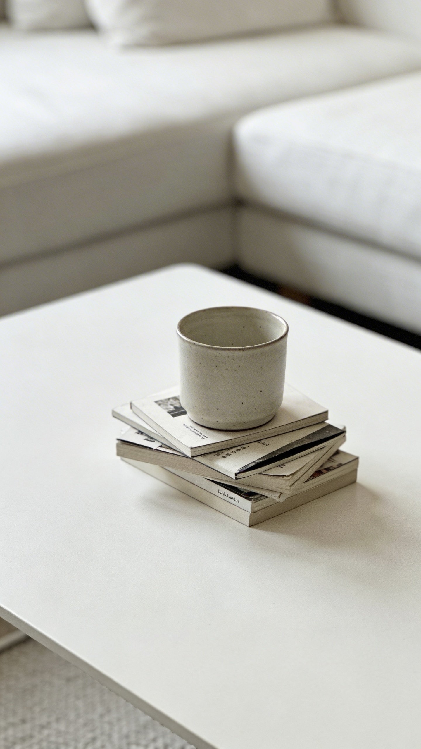 Clean white coffee table with single clutter stack