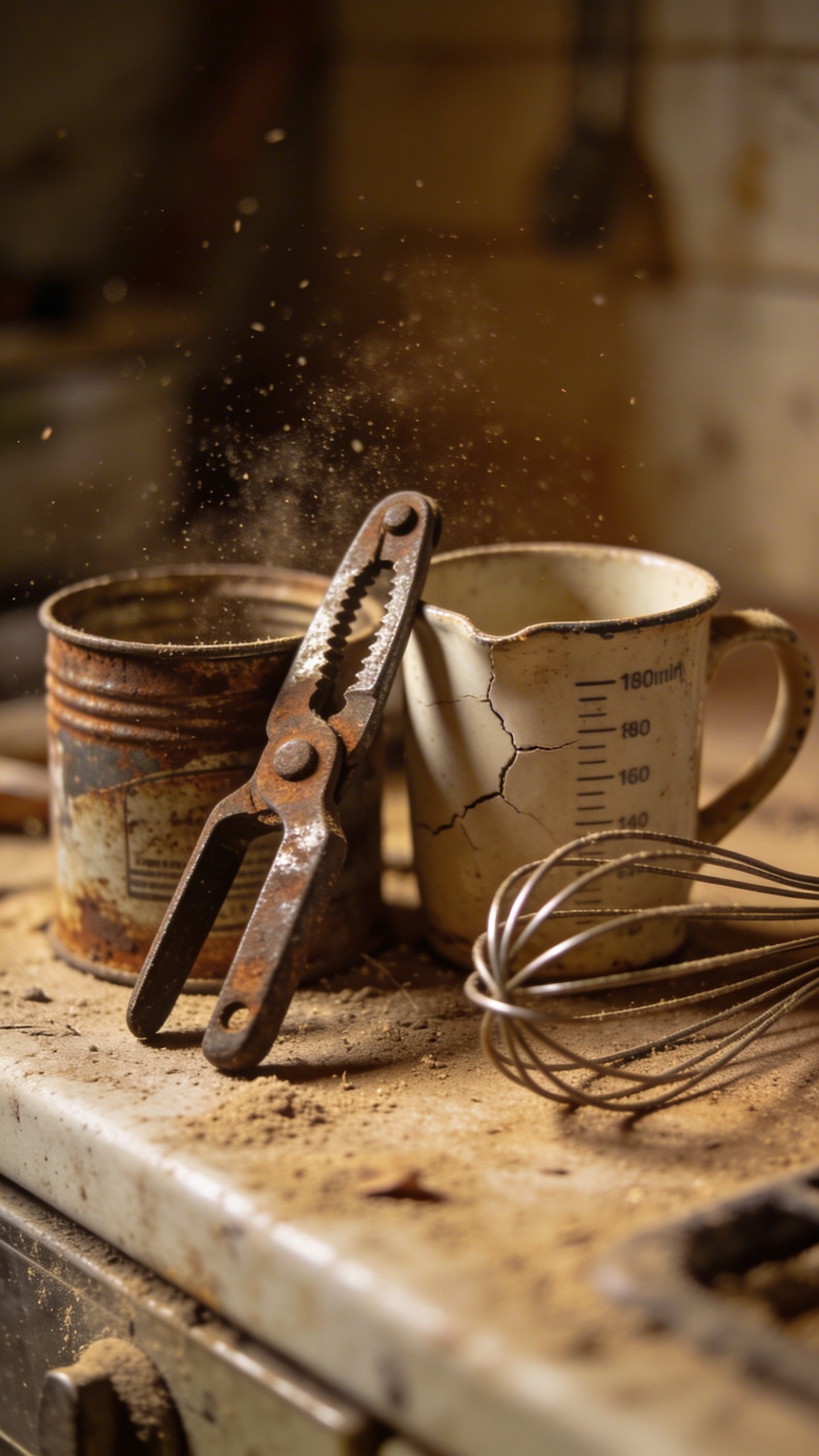 Dusty countertop with abandoned kitchen gadgets clustered together