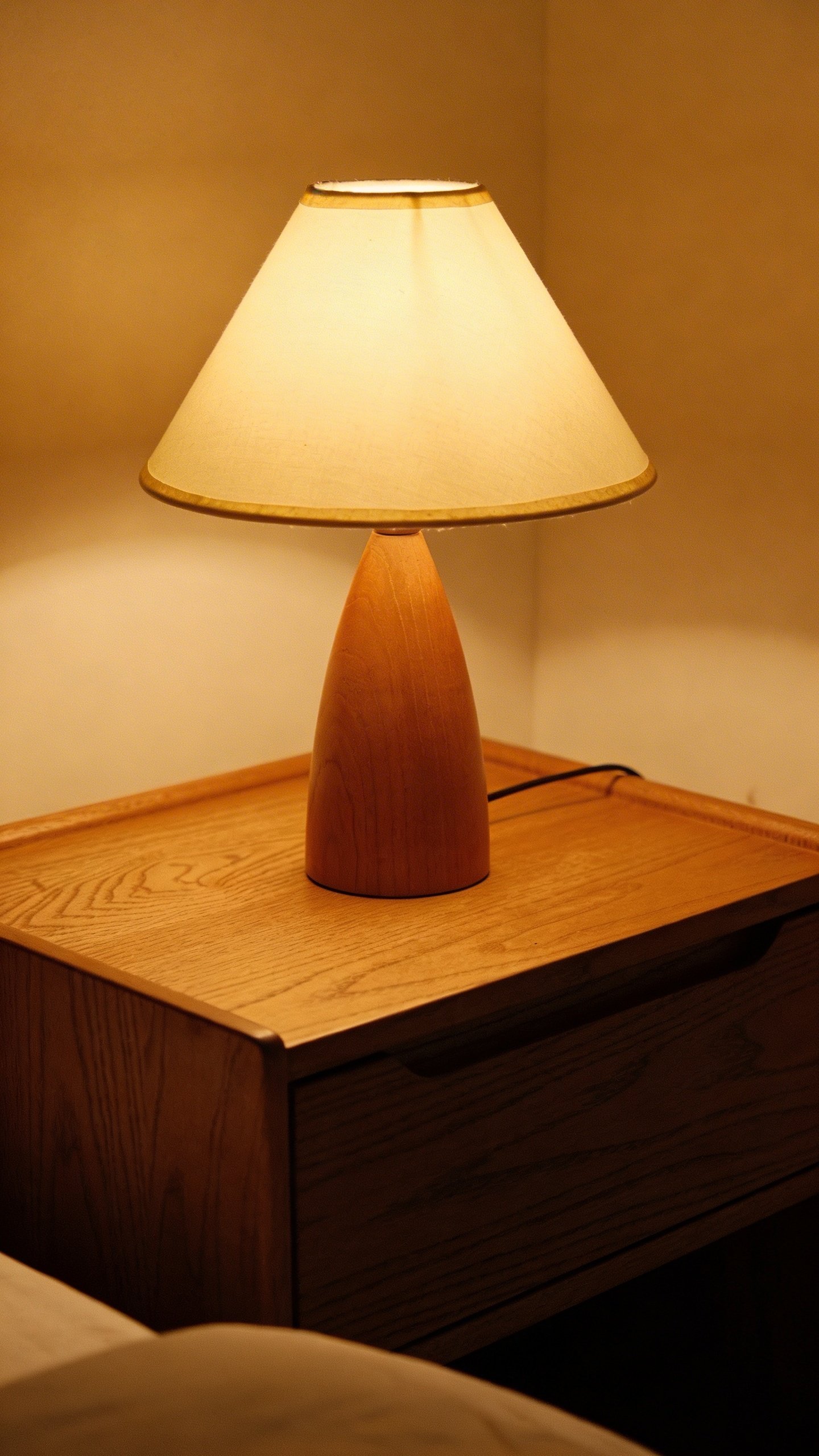 Warm table lamp glowing on wooden nightstand