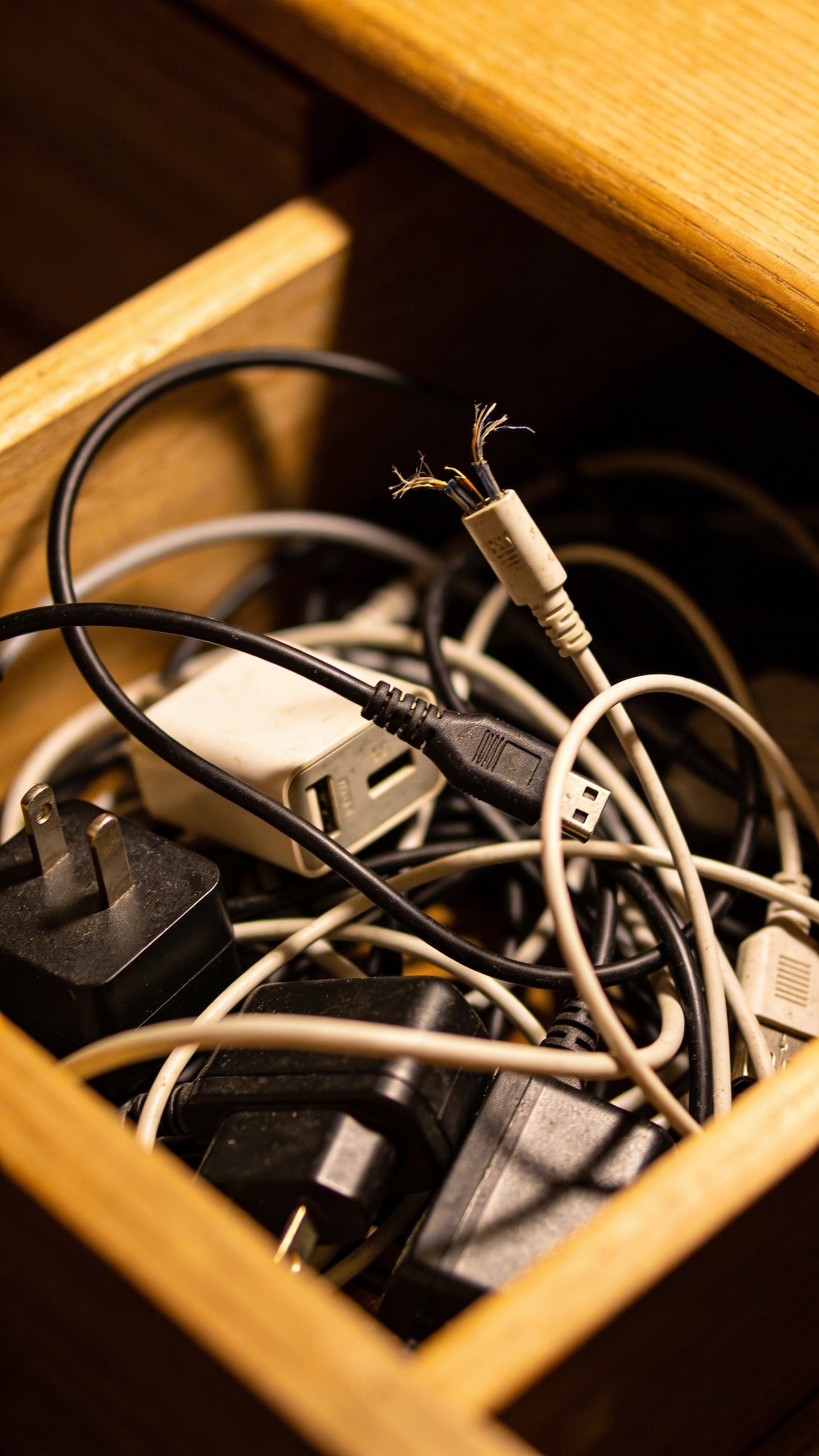 Tangled mess of old phone chargers and cables in drawer