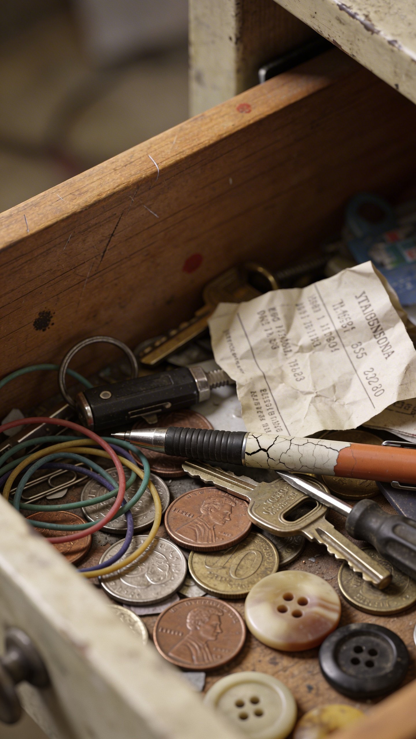Cluttered junk drawer filled with miscellaneous items closeup