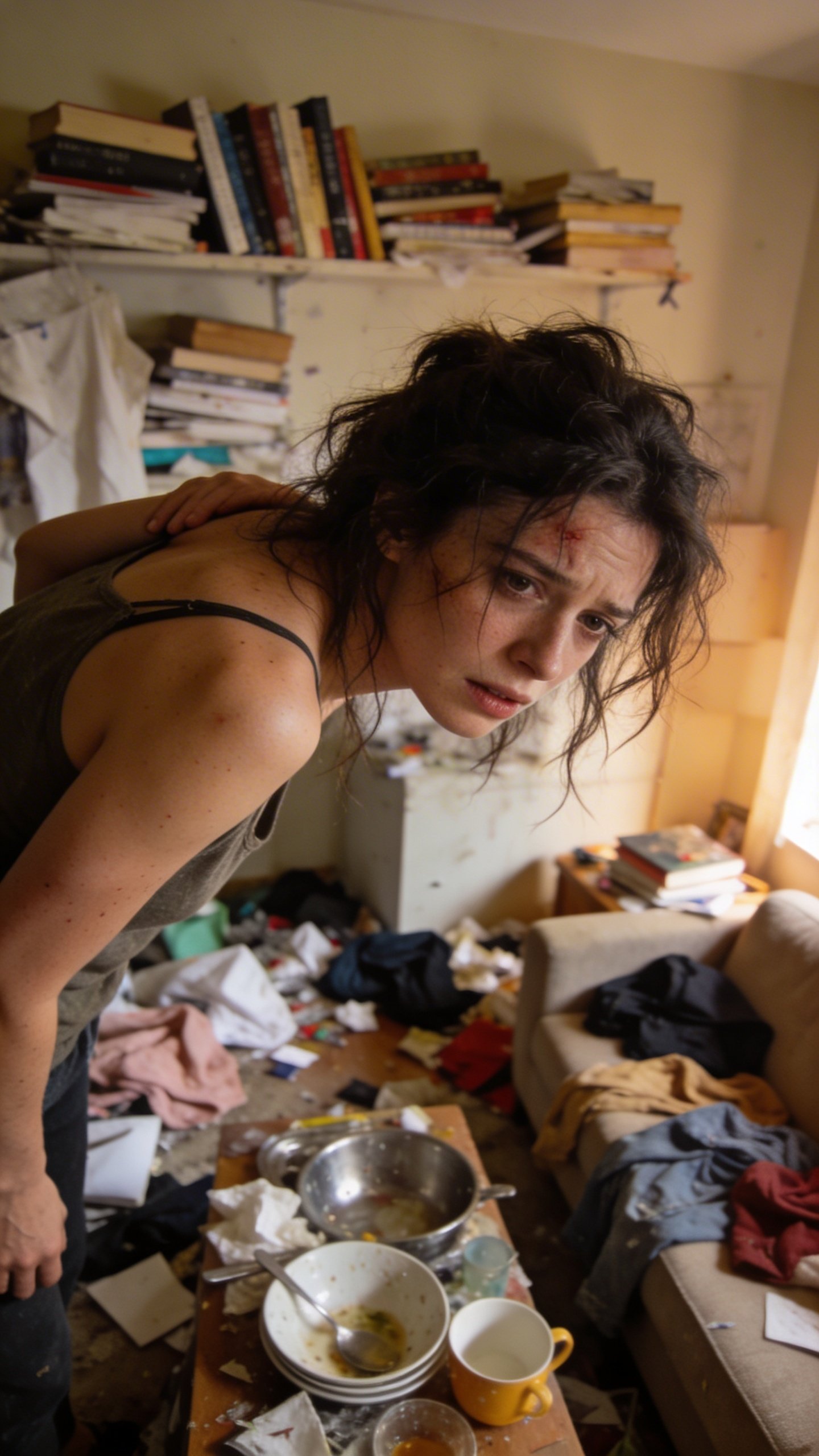Overwhelmed woman standing in messy living room looking stressed