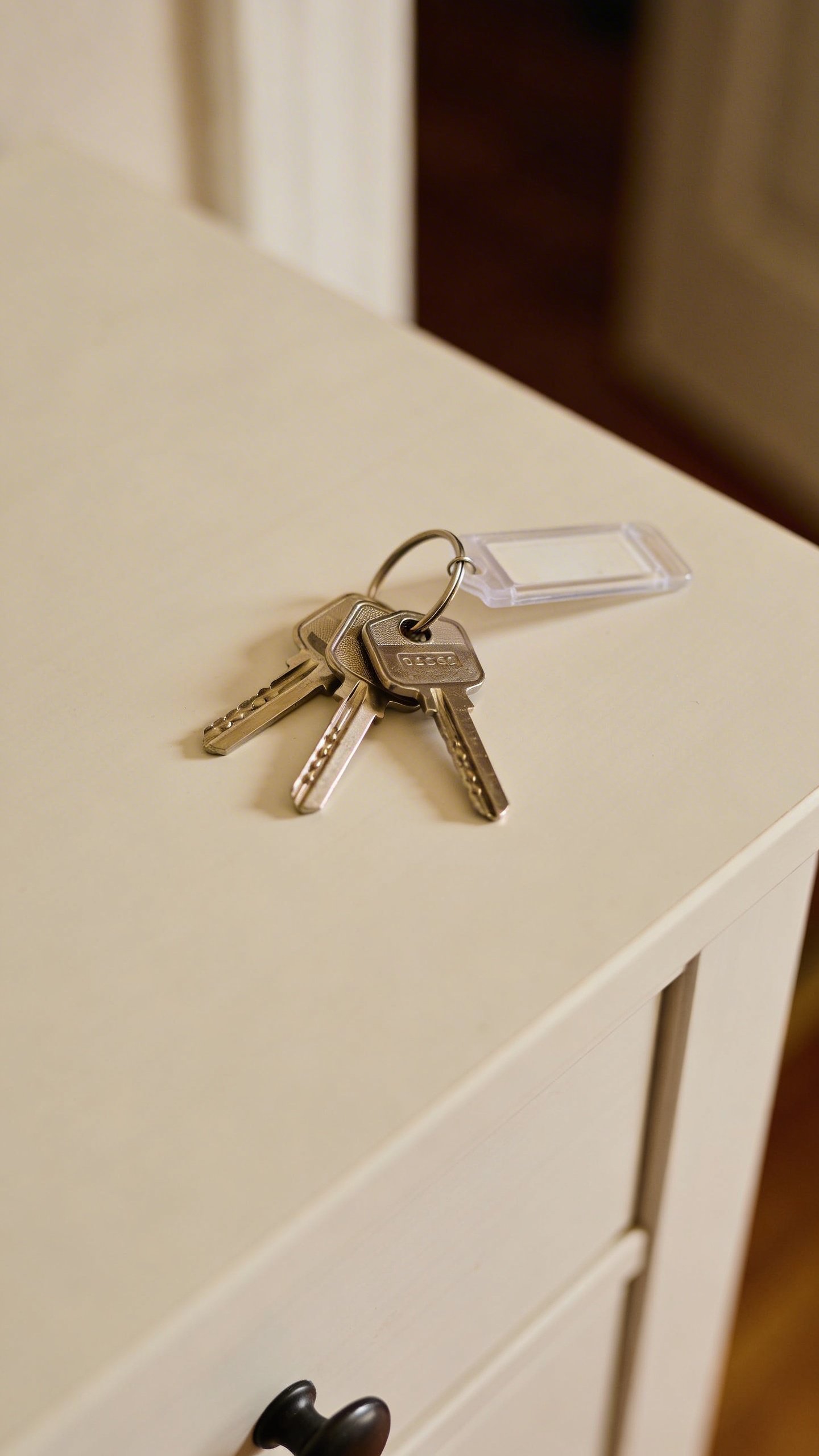 Closeup of house keys on clean entryway table