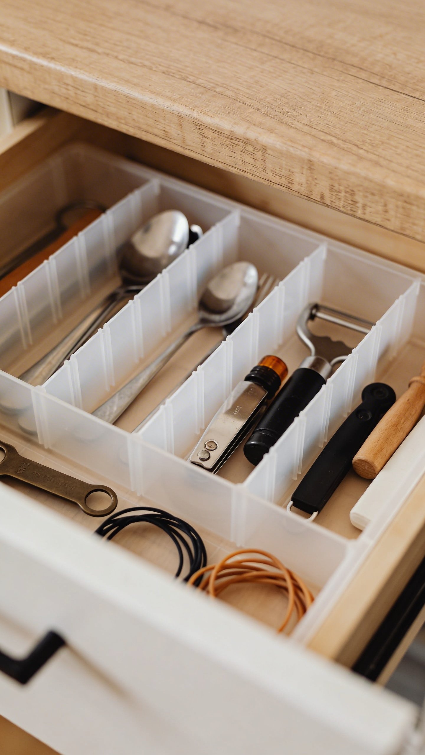 Closeup of organized kitchen junk drawer with dividers