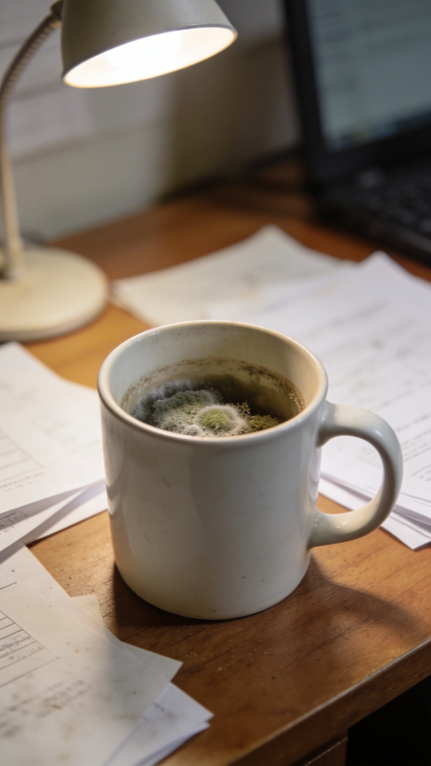 White coffee mug with mold inside home office