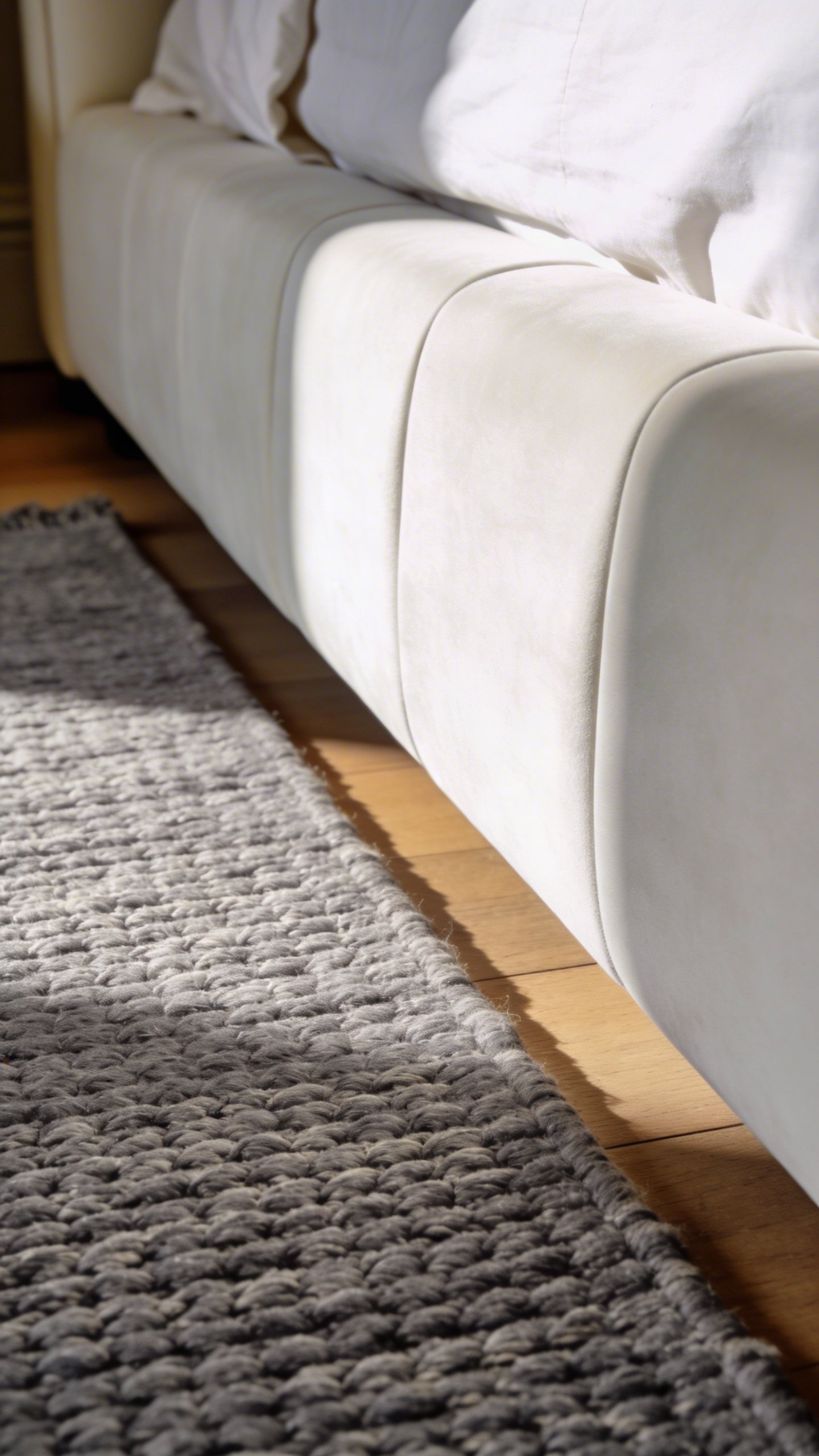 Gray textured rug positioned beside white upholstered bed