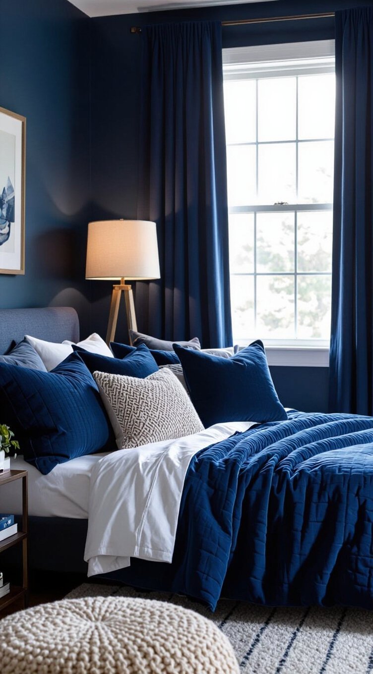 affordable deep blue bedroom decor