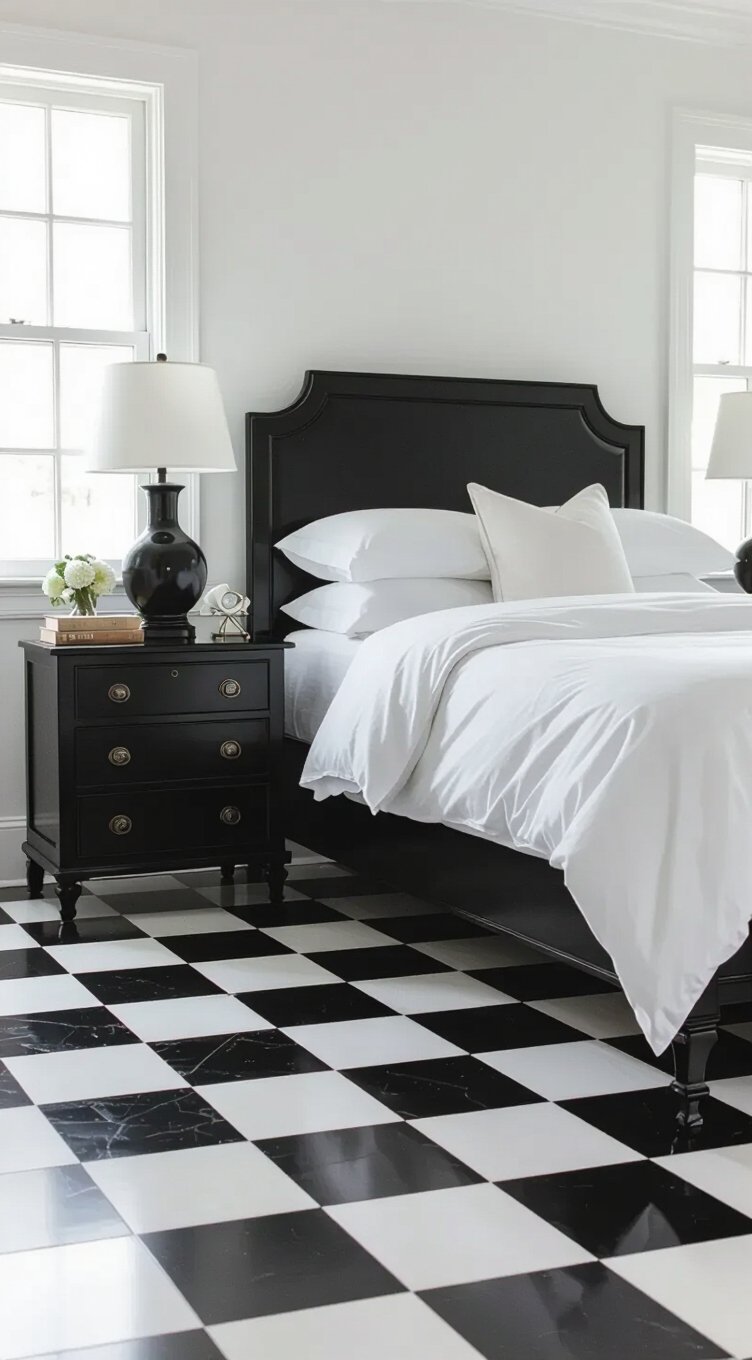 black and white checkered vinyl tiles
