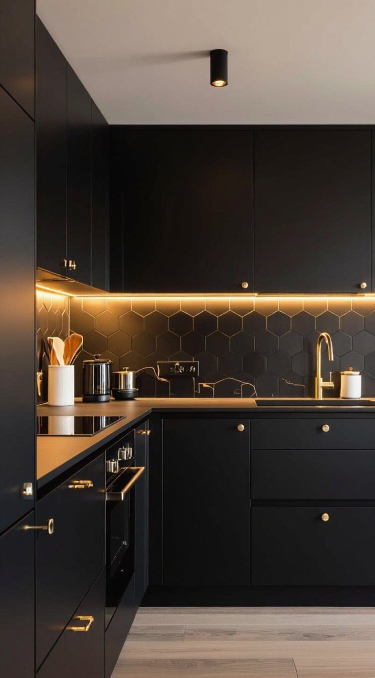 black backsplash tiles enhance small kitchens