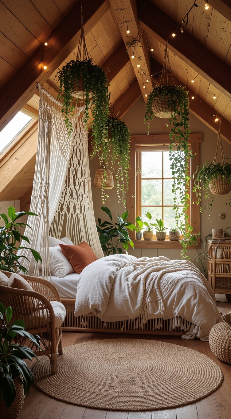 boho attic with rattan and macram