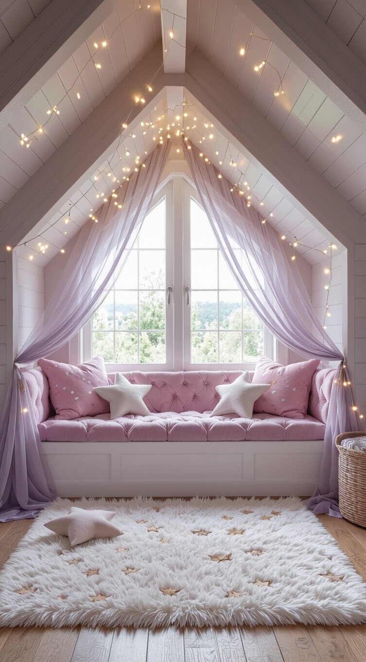 cozy dormer nook with storage and lights
