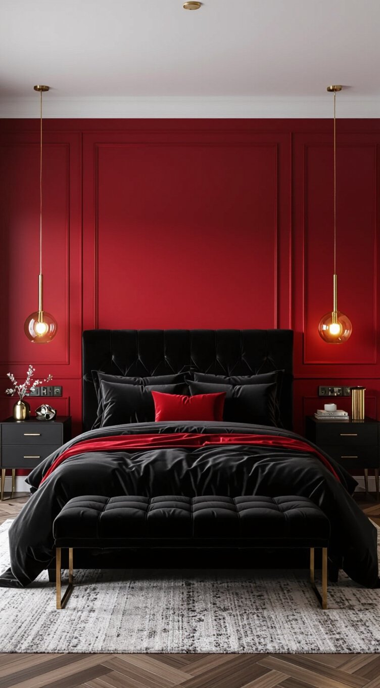 dramatic red and black bedroom