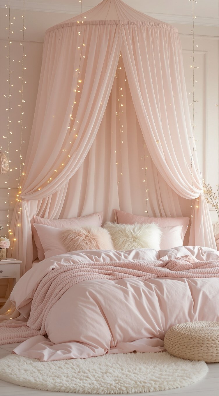 dreamy pink canopy with lights