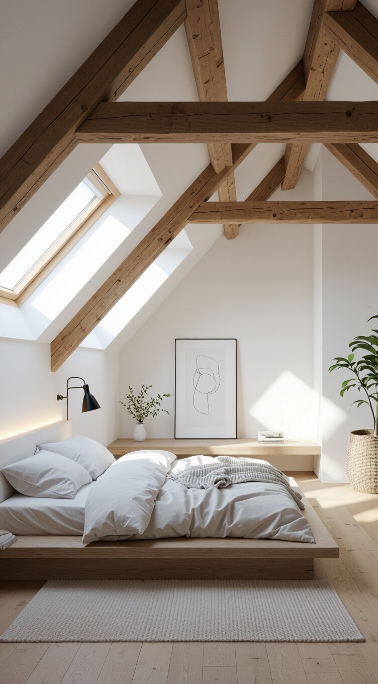 exposed beams neutral palette minimal furniture open space
