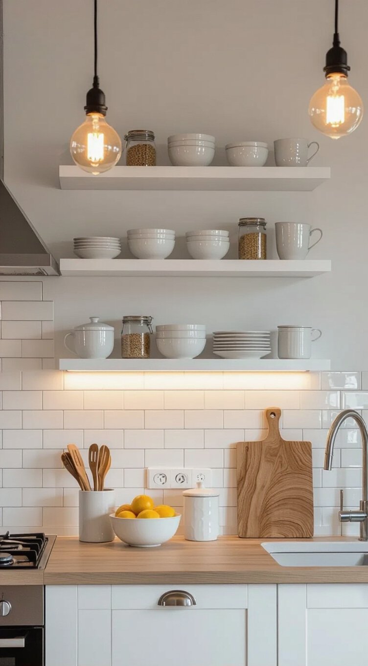 floating open shelves for small kitchen walls