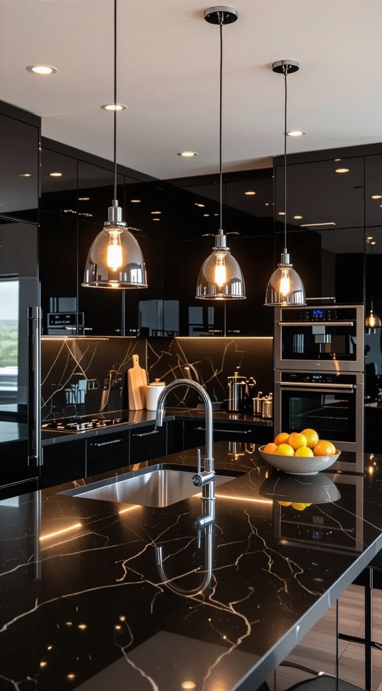 glossy black reflects light