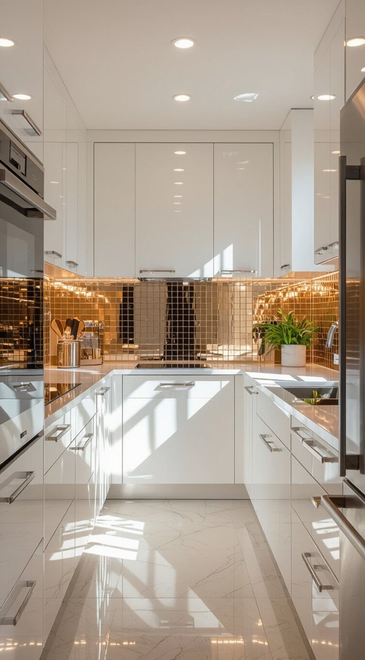 glossy mirrored backsplash tiles
