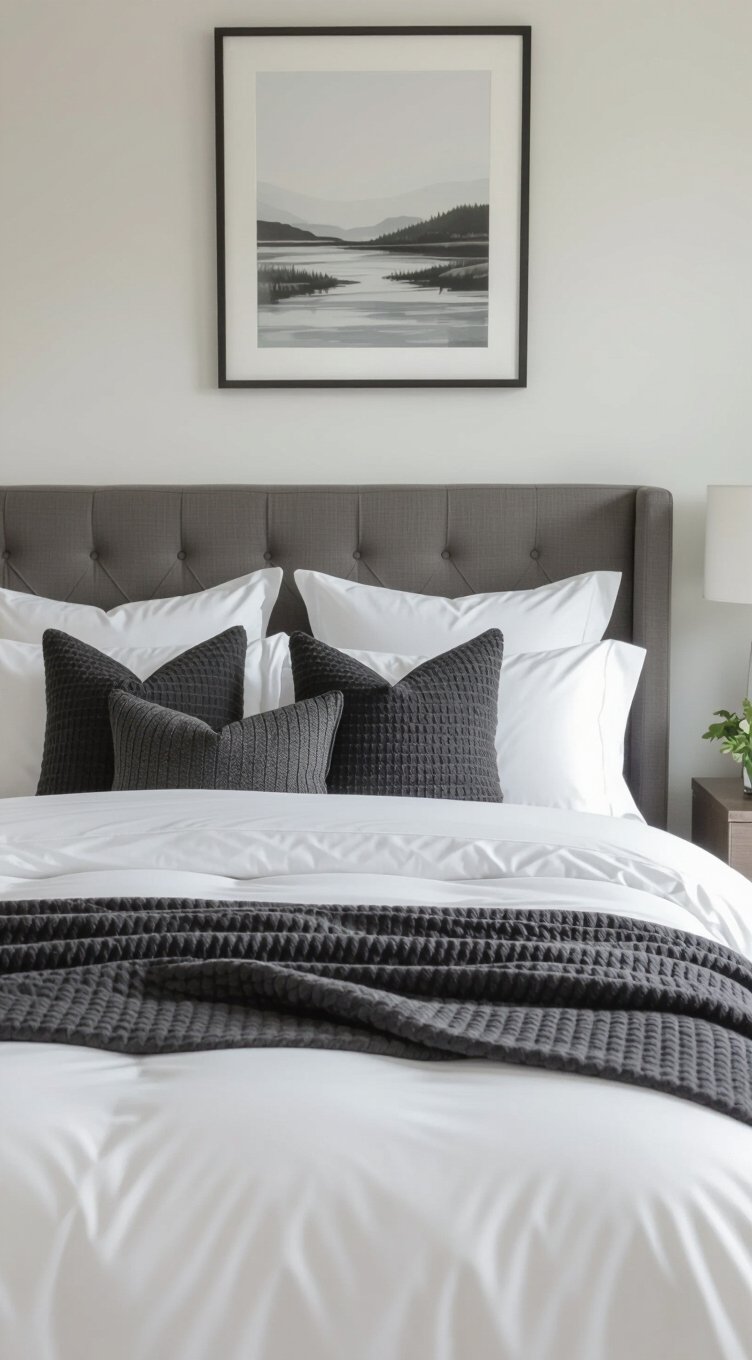 layered grey and white bedding