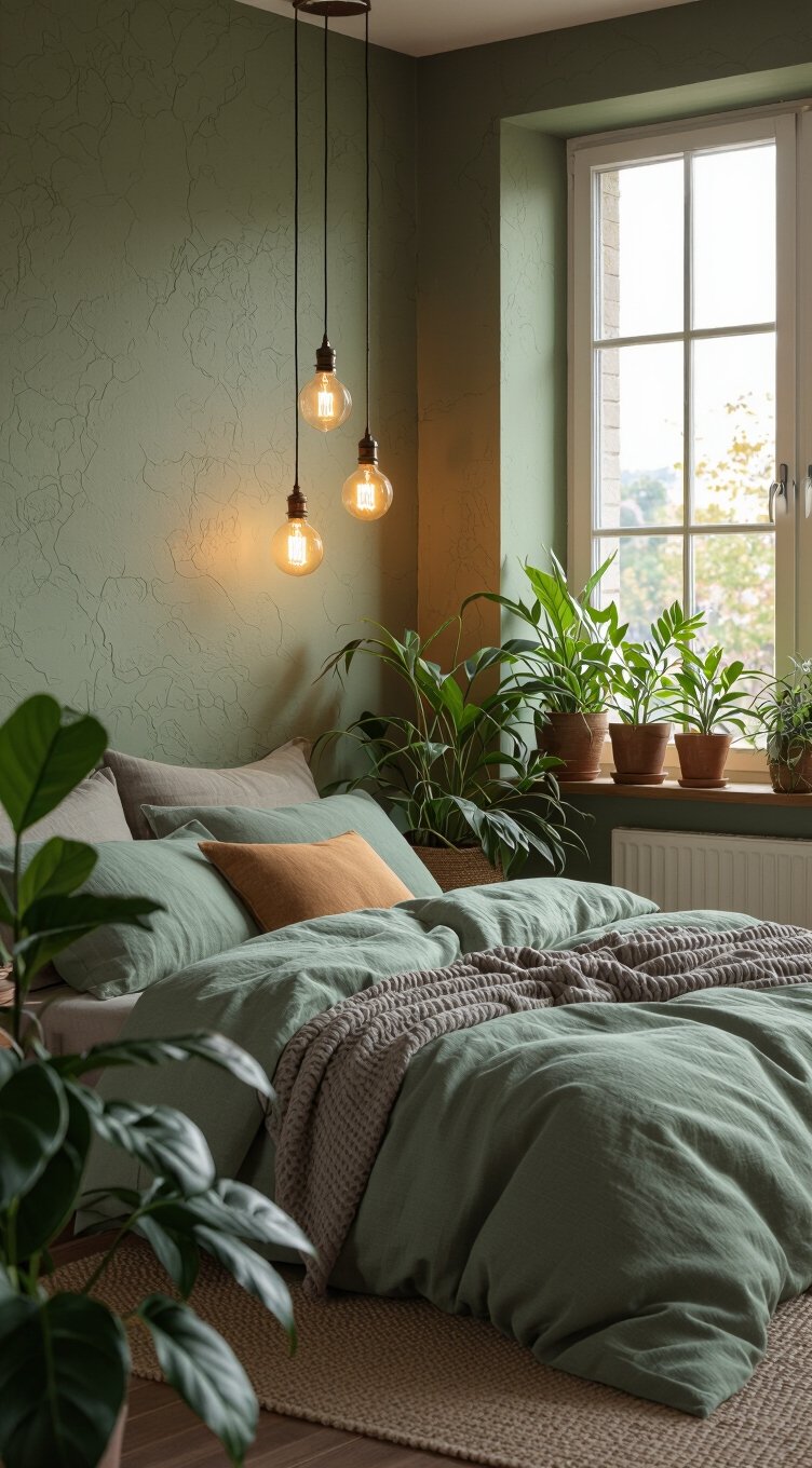 lighting enhances green bedroom tones
