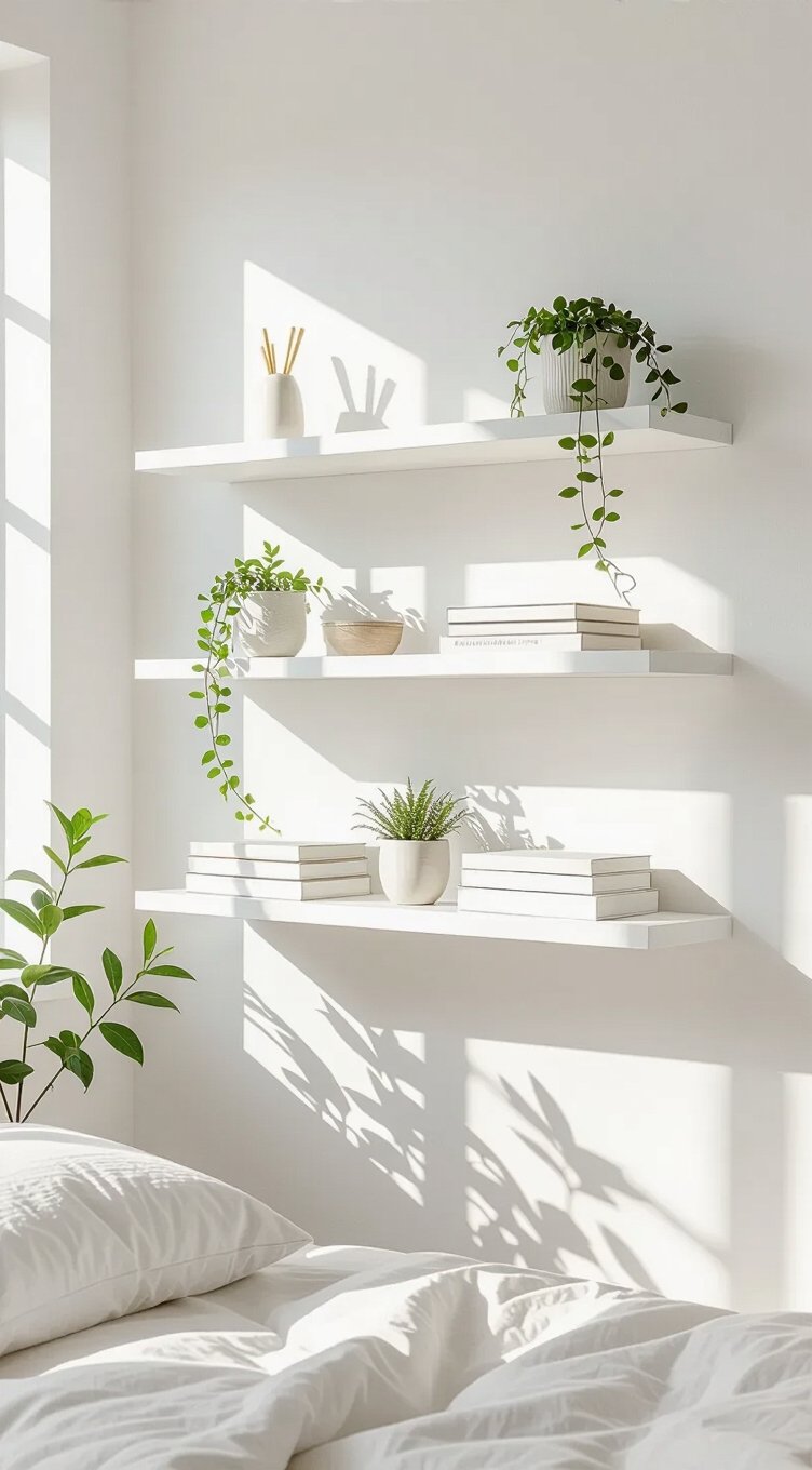 maximize space with floating shelves