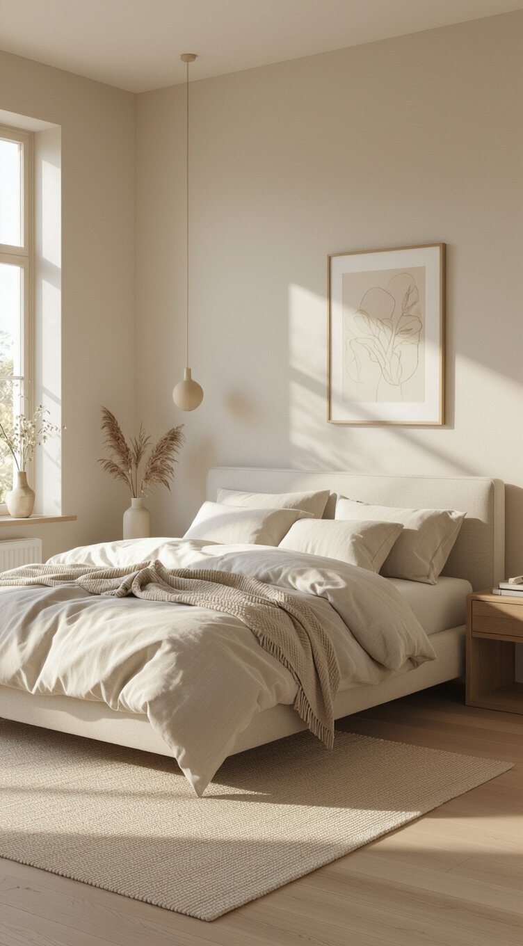 minimal beige bedroom with hidden storage