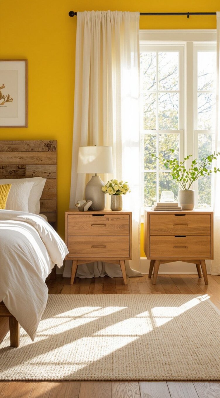 natural wood balances yellow bedroom